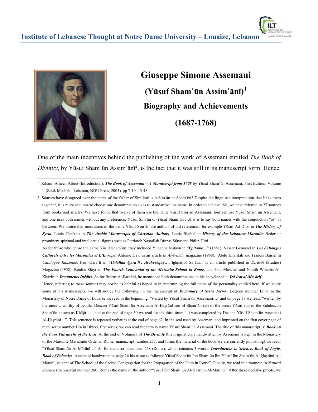 Giuseppe Simone Assemani (Yūsuf Shamʿūn Assimʿānī)1 Biography and Achievements