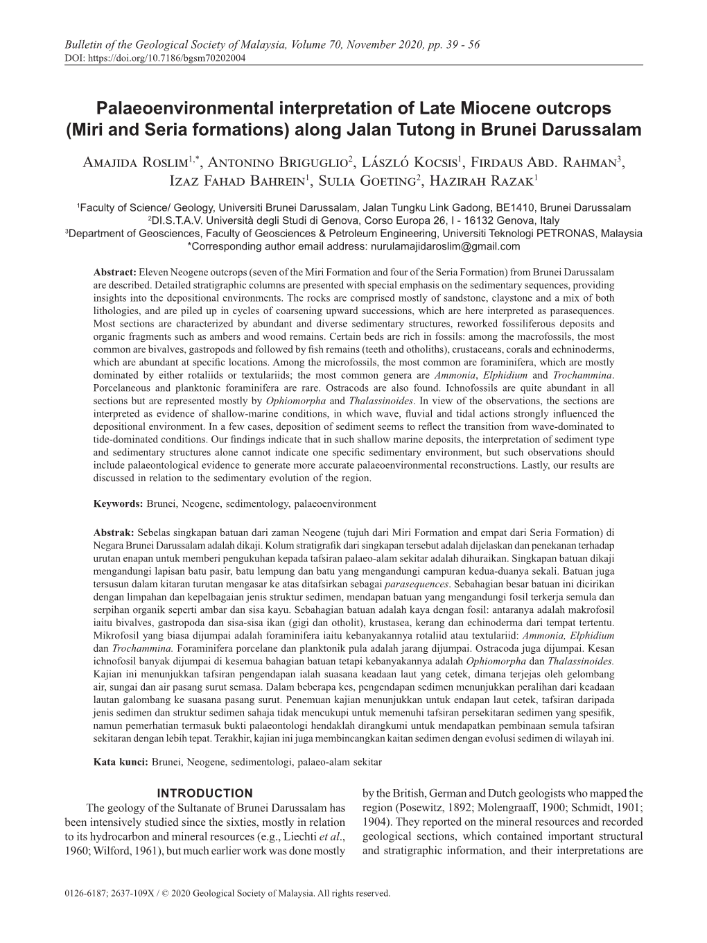 Palaeoenvironmental Interpretation of Late Miocene Outcrops (Miri And