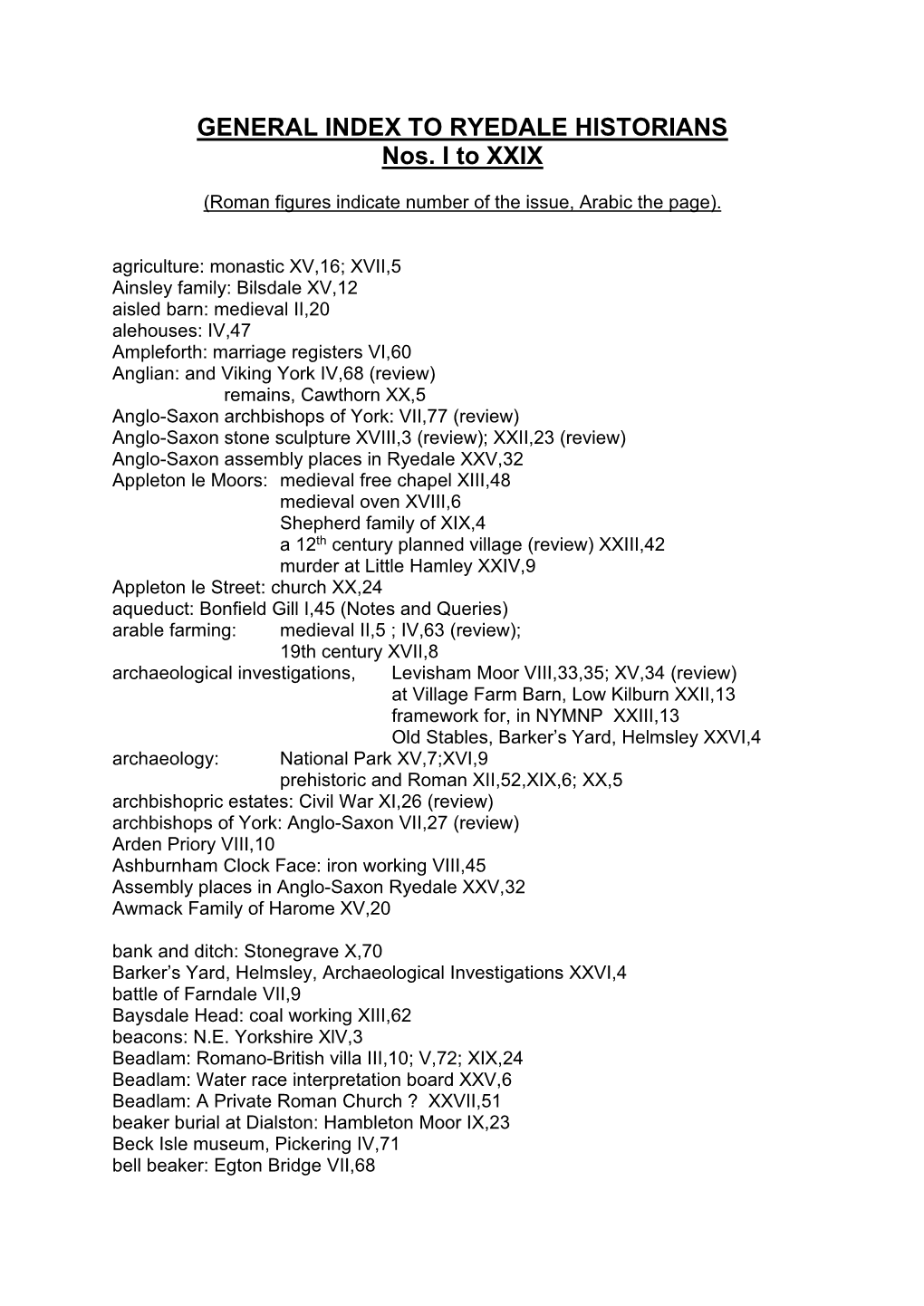 GENERAL INDEX to RYEDALE HISTORIANS Nos. I to XXIX