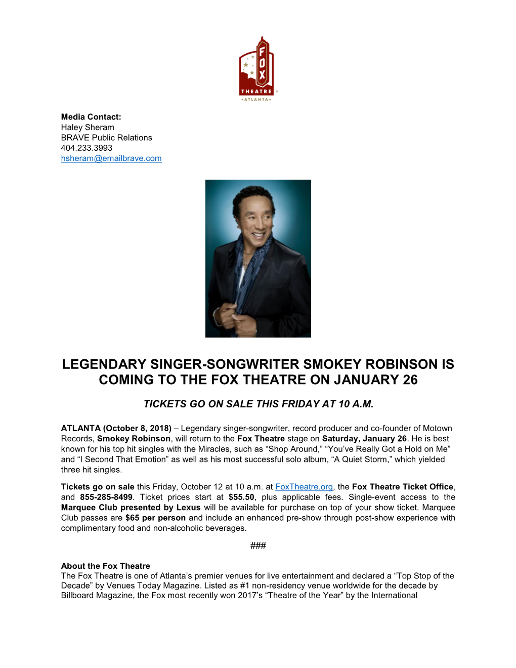 Legendary Singer-Songwriter Smokey Robinson Is Coming to the Fox Theatre on January 26