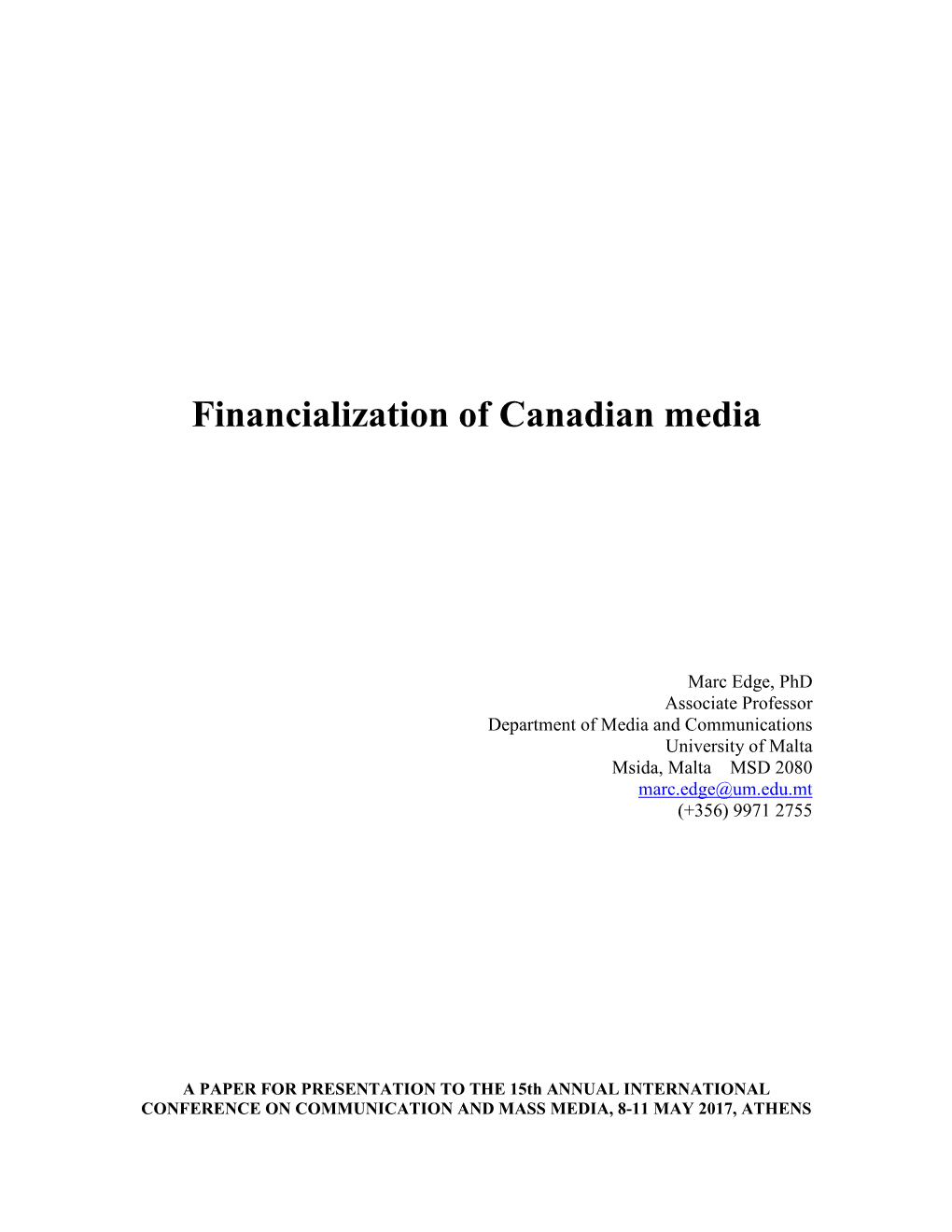 Financialization of Canadian Media
