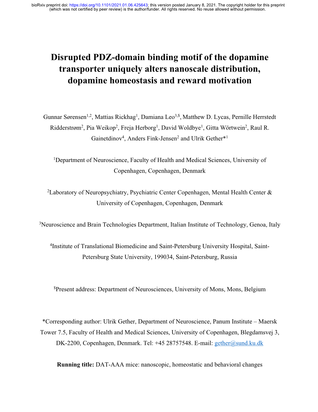 Disrupted PDZ-Domain Binding Motif of the Dopamine Transporter Uniquely Alters Nanoscale Distribution, Dopamine Homeostasis and Reward Motivation