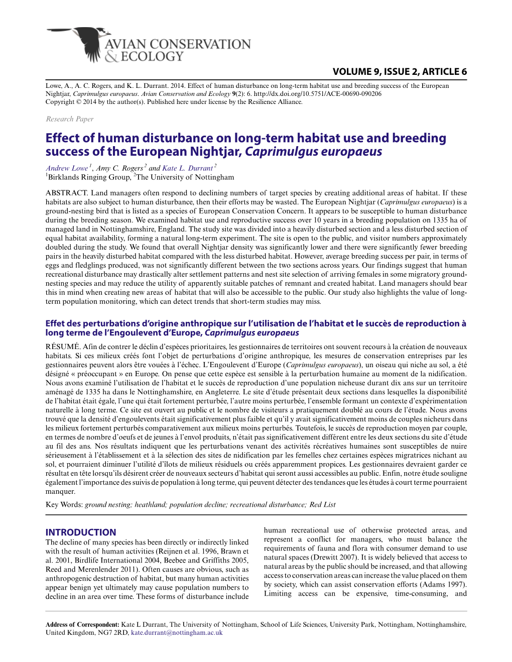 Effect of Human Disturbance on Long-Term Habitat Use and Breeding Success of the European Nightjar, Caprimulgus Europaeus