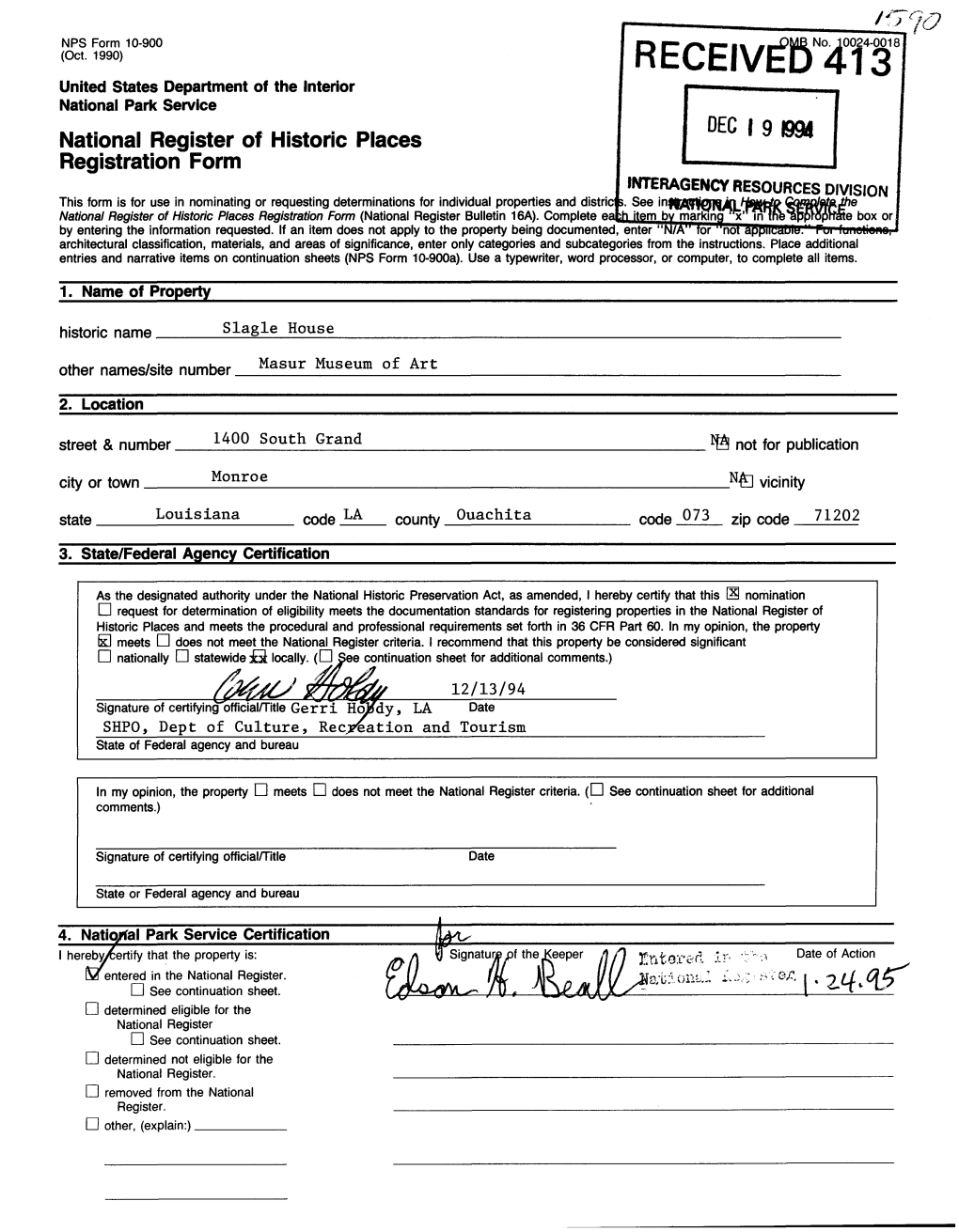 National Register of Historic Places Continuation Sheet Slagle House, Ouachita Parish, LA Section Number 7 Page ?__