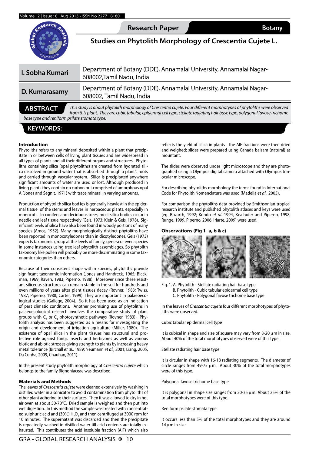 Research Paper Botany Studies on Phytolith Morphology of Crescentia Cujete L. I. Sobha Kumari D. Kumarasamy