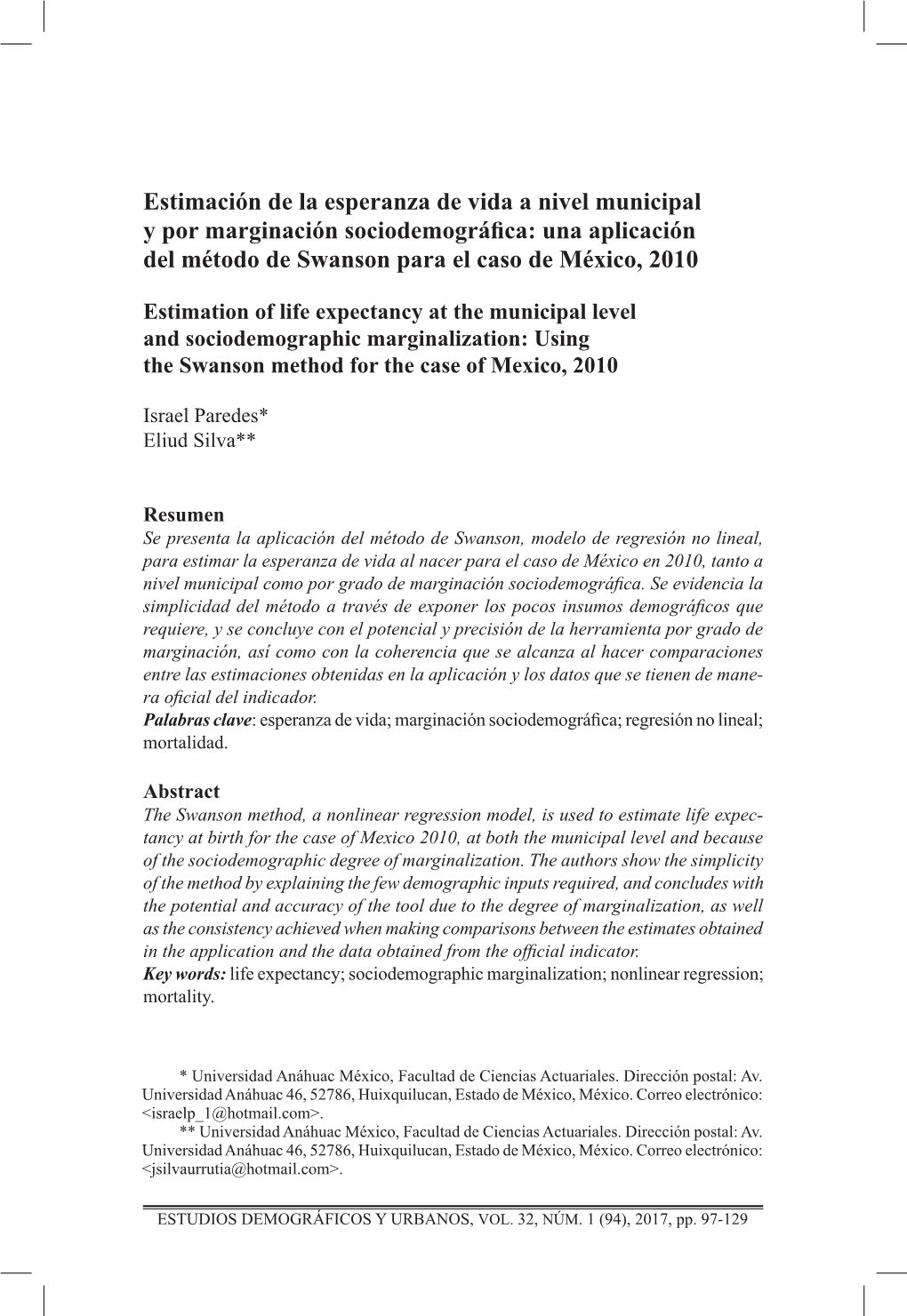 Estimación De La Esperanza De Vida a Nivel Municipal Y Por Marginación Sociodemográfica: Una Aplicación Del Método De Swanson Para El Caso De México, 2010