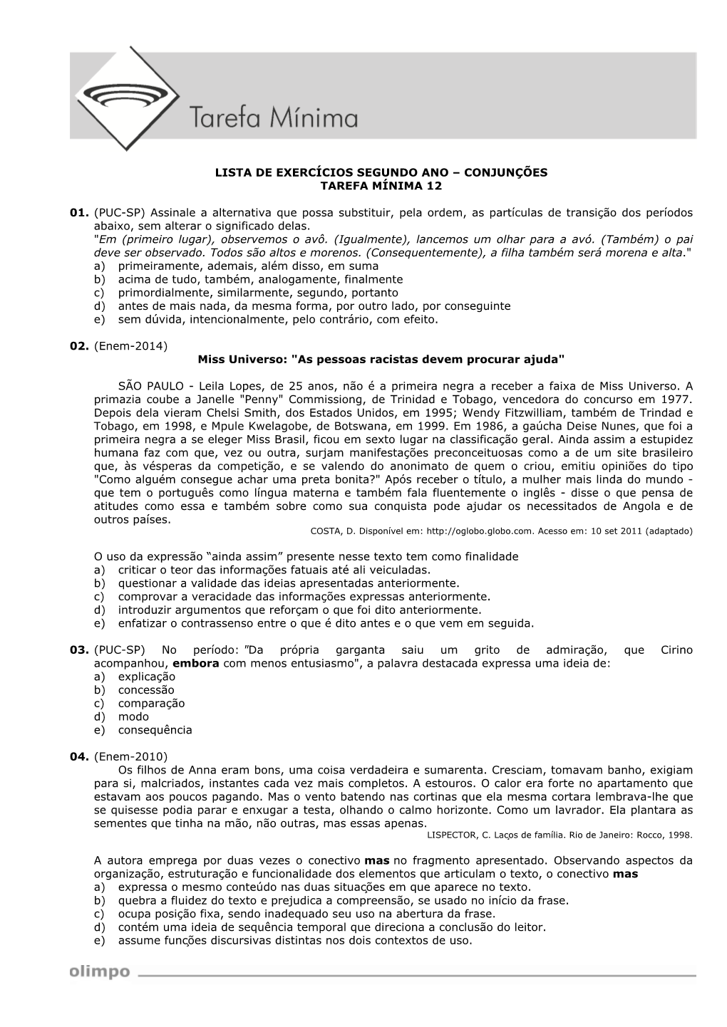 Lista De Exercícios Segundo Ano – Conjunções Tarefa Mínima 12