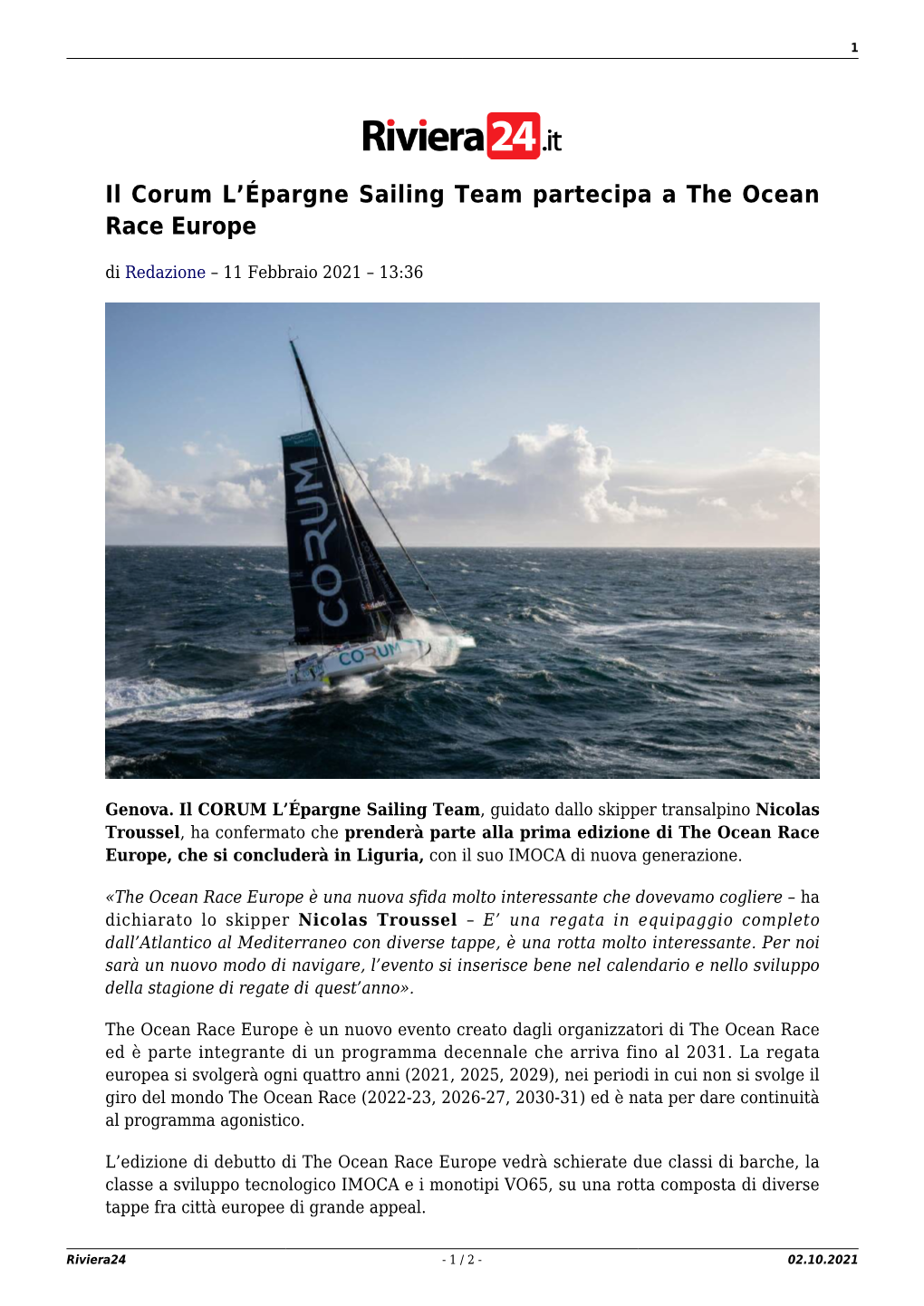 Il Corum L'épargne Sailing Team Partecipa a the Ocean Race Europe