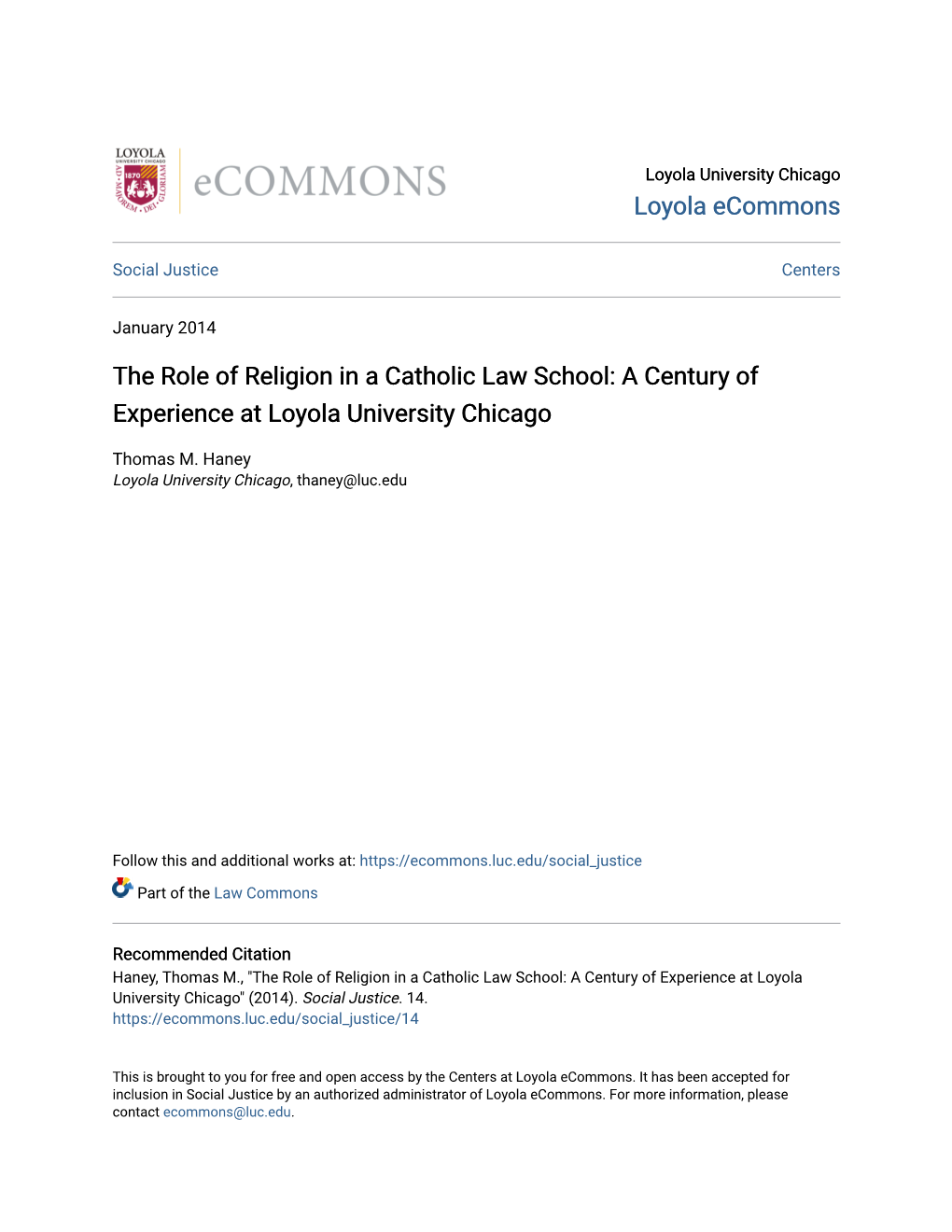The Role of Religion in a Catholic Law School: a Century of Experience at Loyola University Chicago