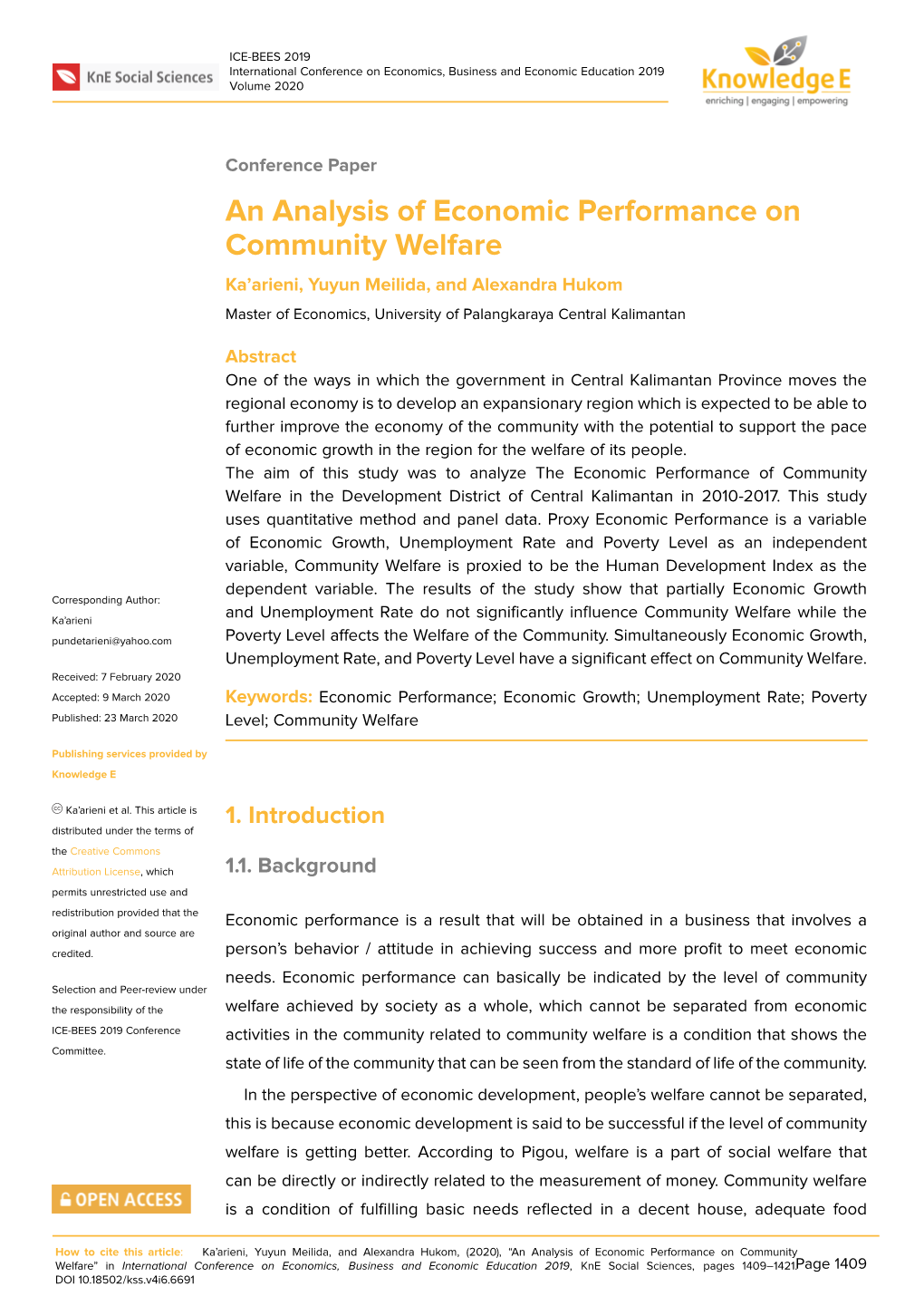 An Analysis of Economic Performance on Community Welfare