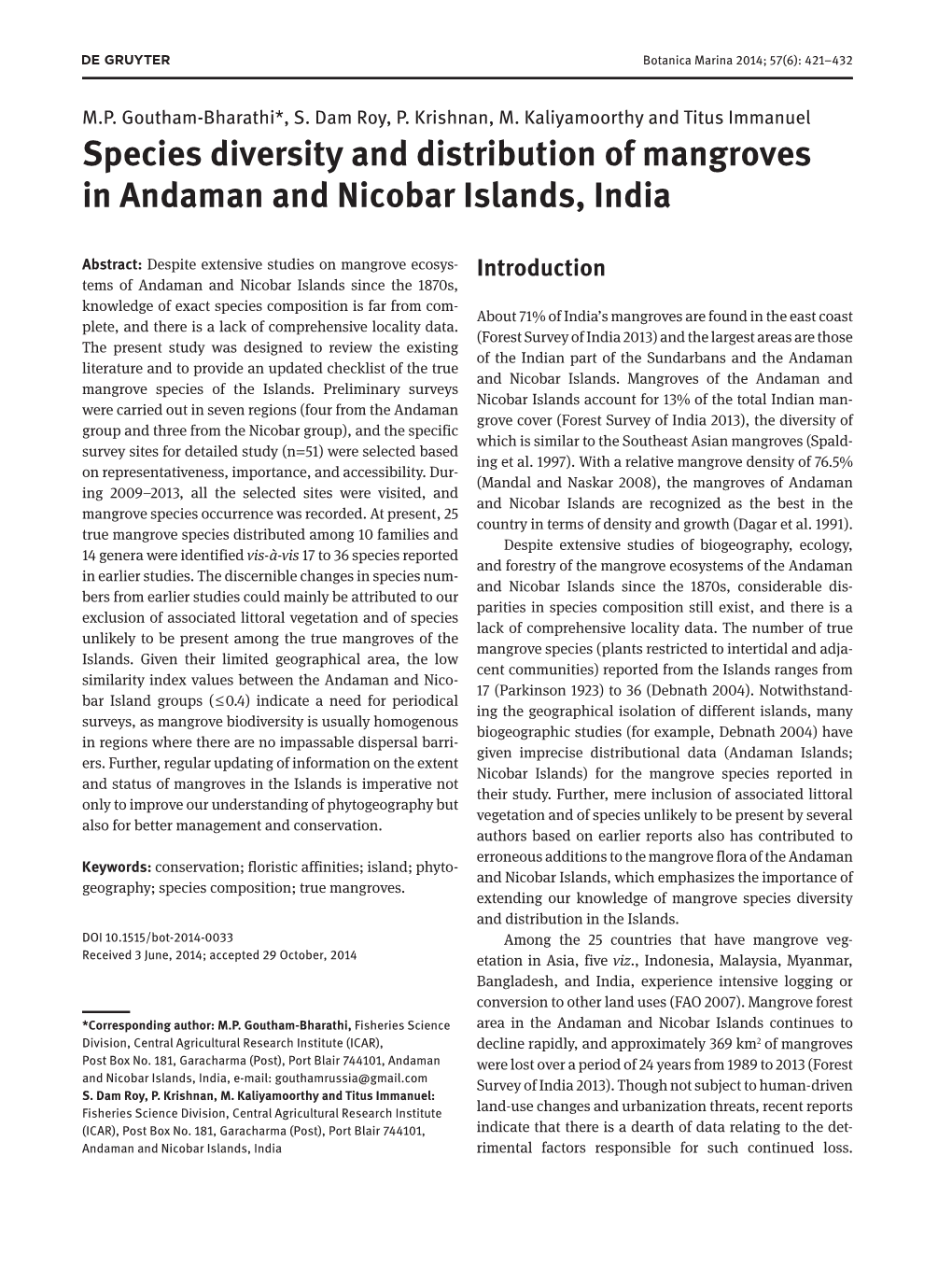 Species Diversity and Distribution of Mangroves in Andaman and Nicobar Islands, India