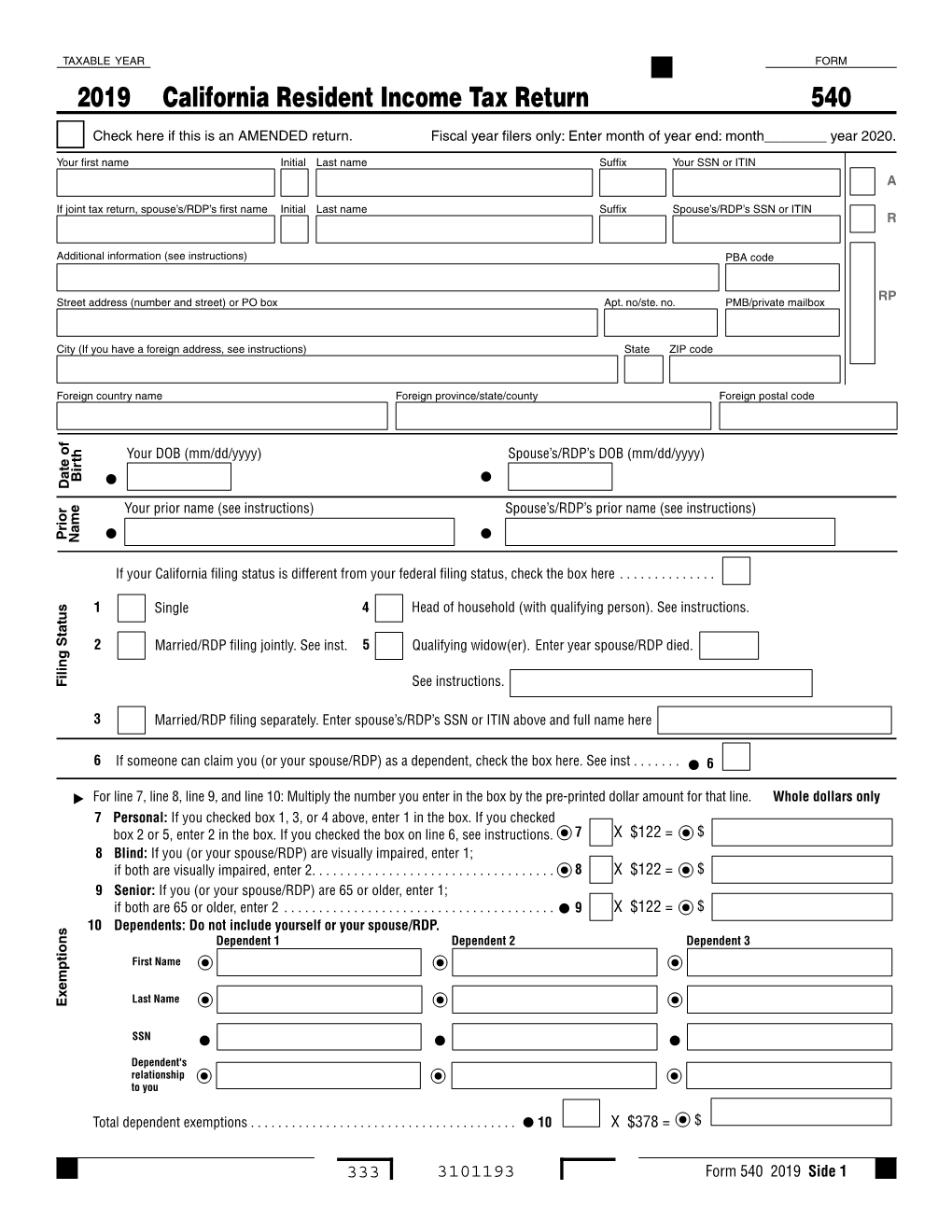 2019 Form 540 California Resident Income Tax Return