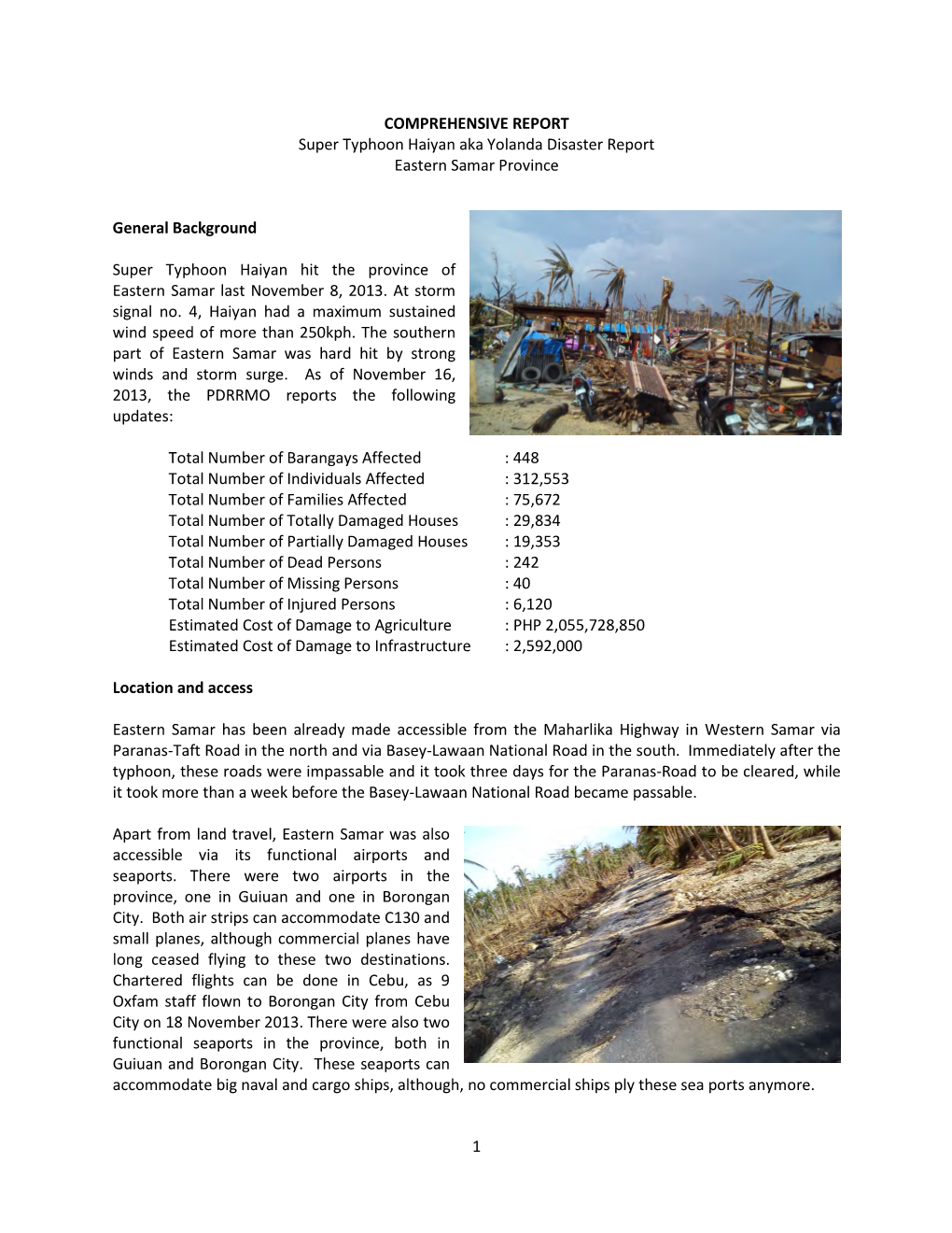 COMPREHENSIVE REPORT Super Typhoon Haiyan Aka Yolanda Disaster Report Eastern Samar Province