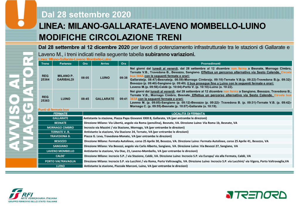 MILANO-GALLARATE-LAVENO MOMBELLO-LUINO MODIFICHE CIRCOLAZIONE TRENI Dal 28 Settembre Al 12 Dicembre 2020