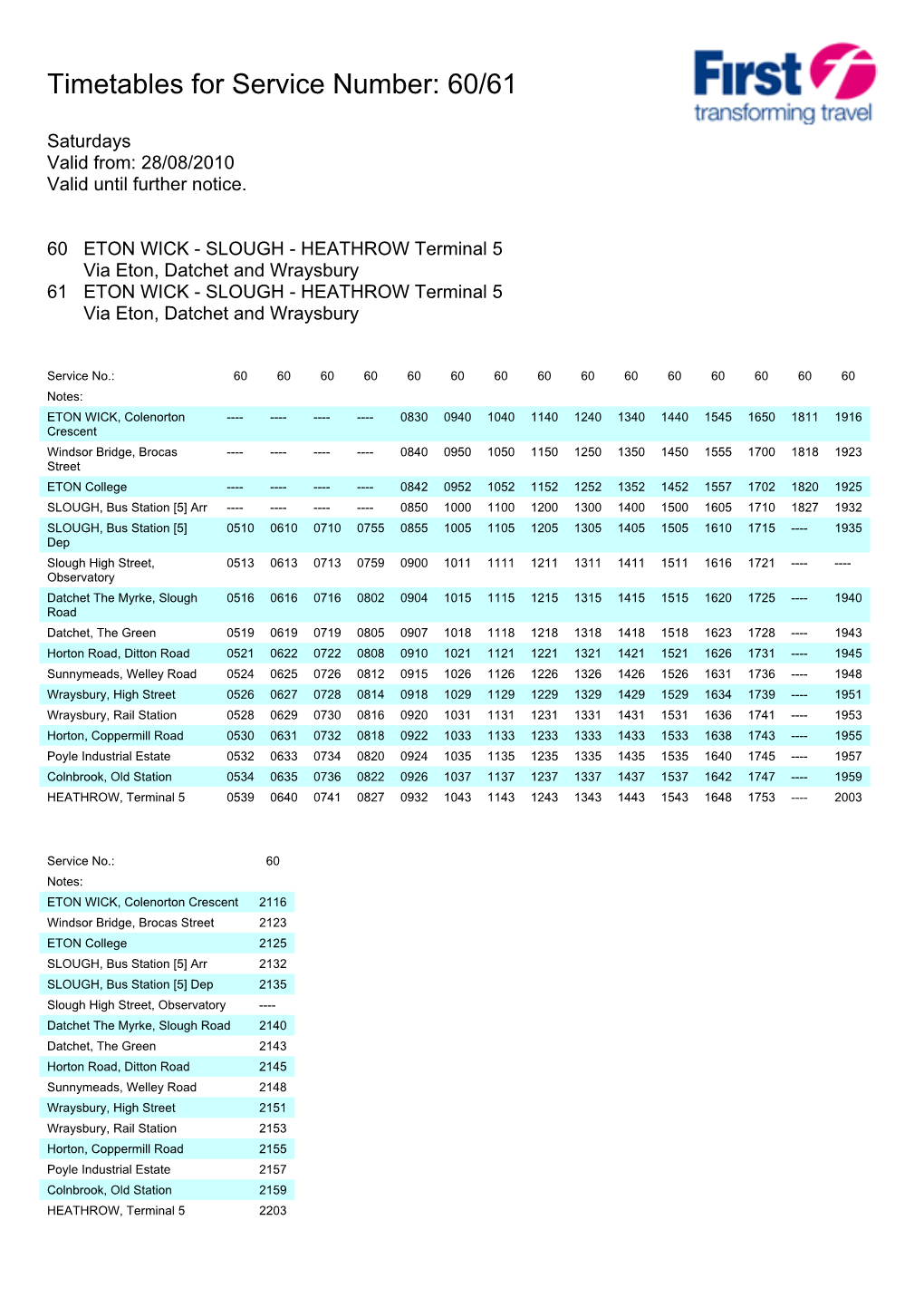 Timetables for Service Number: 60/61