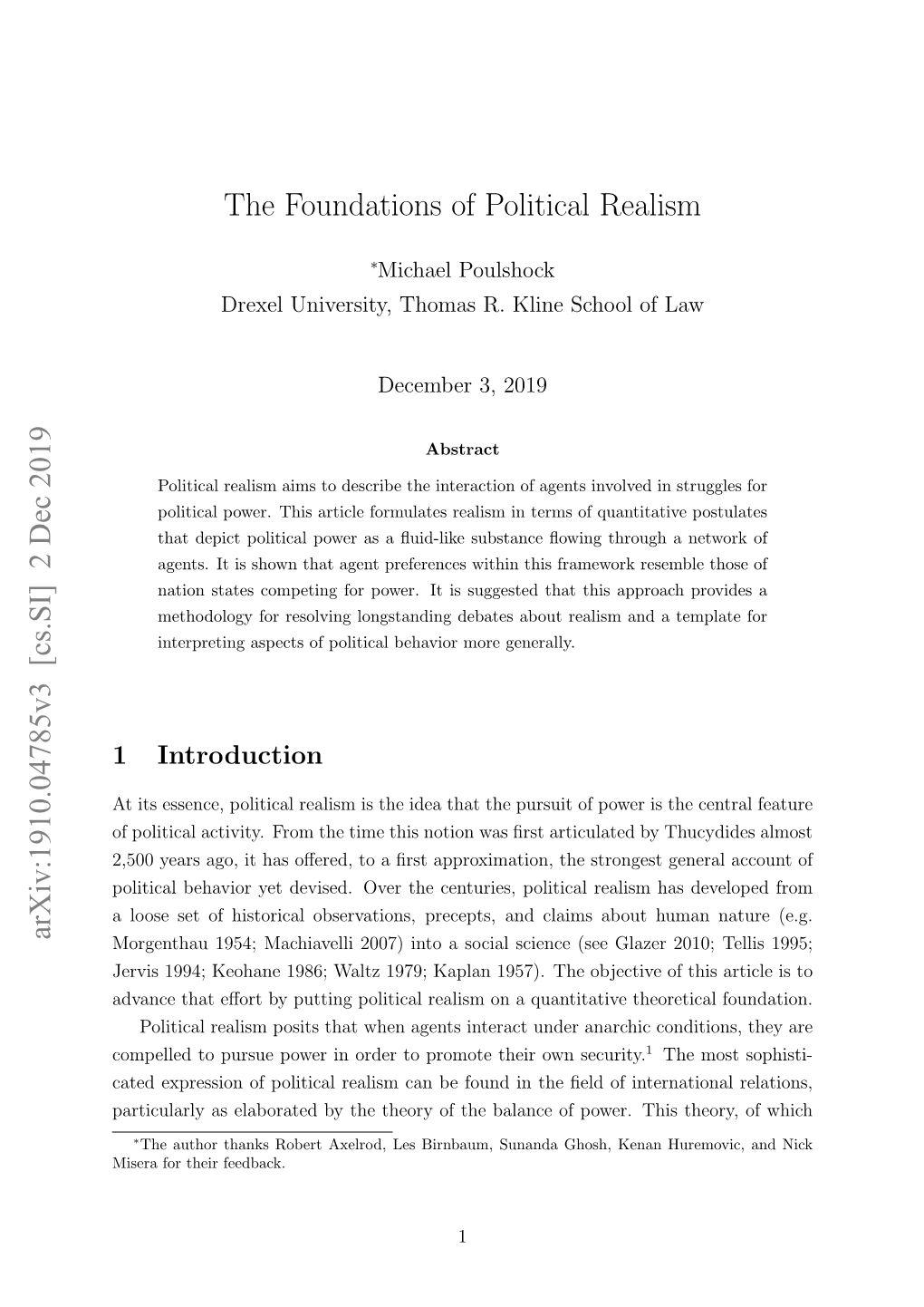 The Foundations of Political Realism Arxiv:1910.04785V3 [Cs.SI]