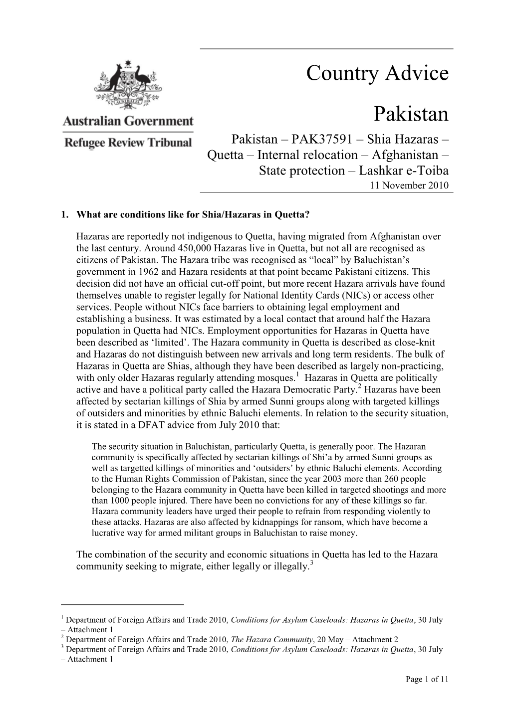 Country Advice Pakistan Pakistan – PAK37591 – Shia Hazaras –