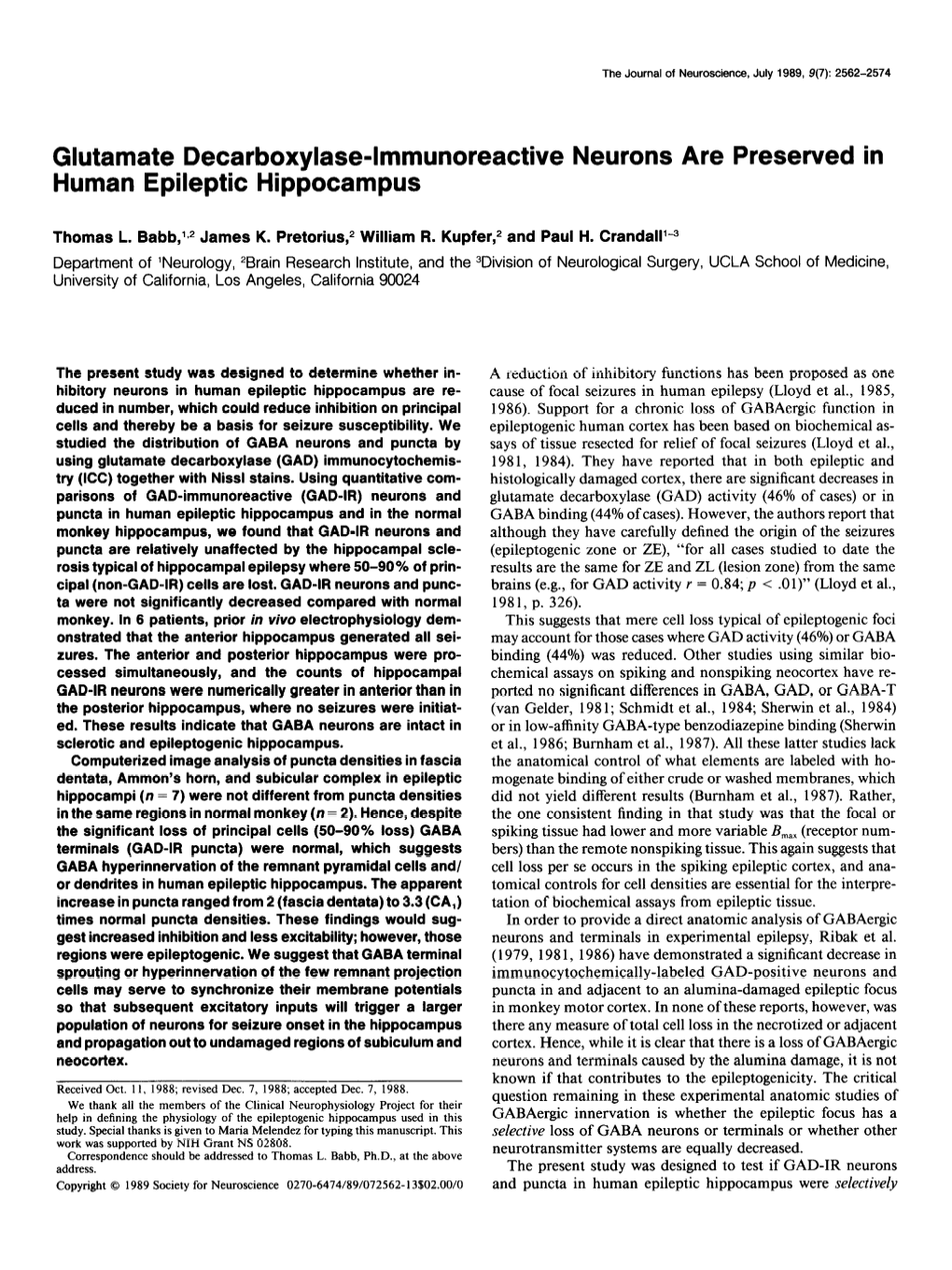 Glutamate Decarboxylase-Lmmunoreactive Neurons Are Preserved in Human Epileptic Hippocampus