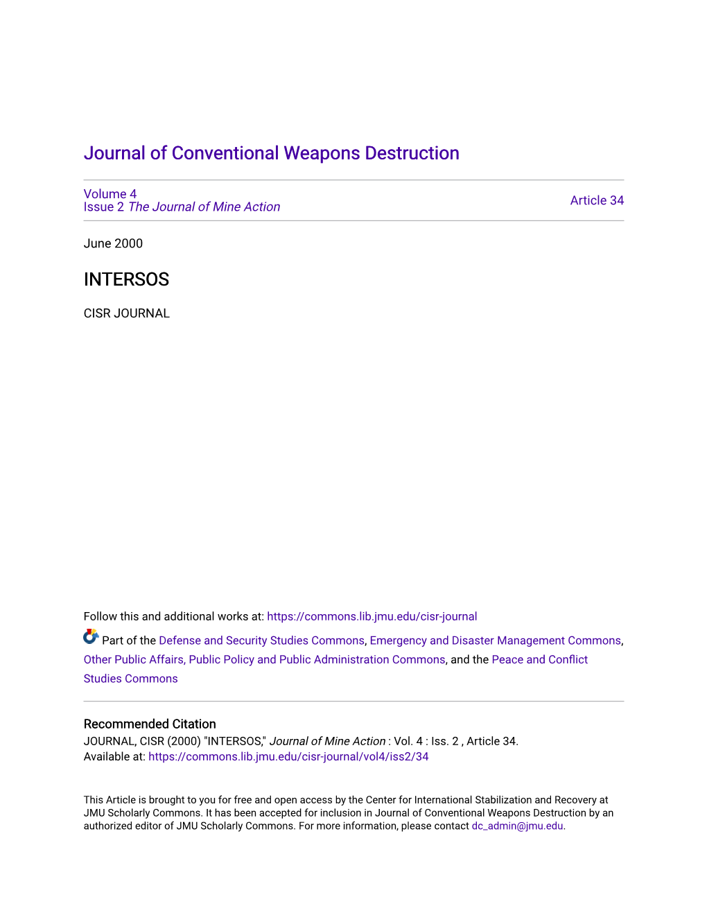Journal of Conventional Weapons Destruction INTERSOS