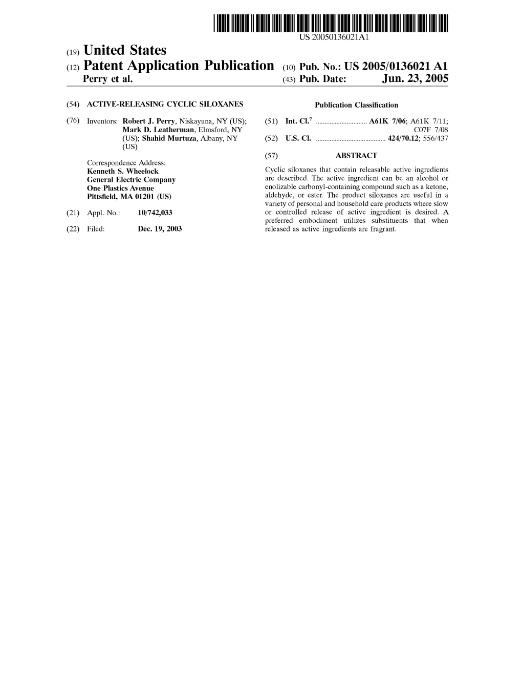 (12) Patent Application Publication (10) Pub. No.: US 2005/0136021 A1 Perry Et Al