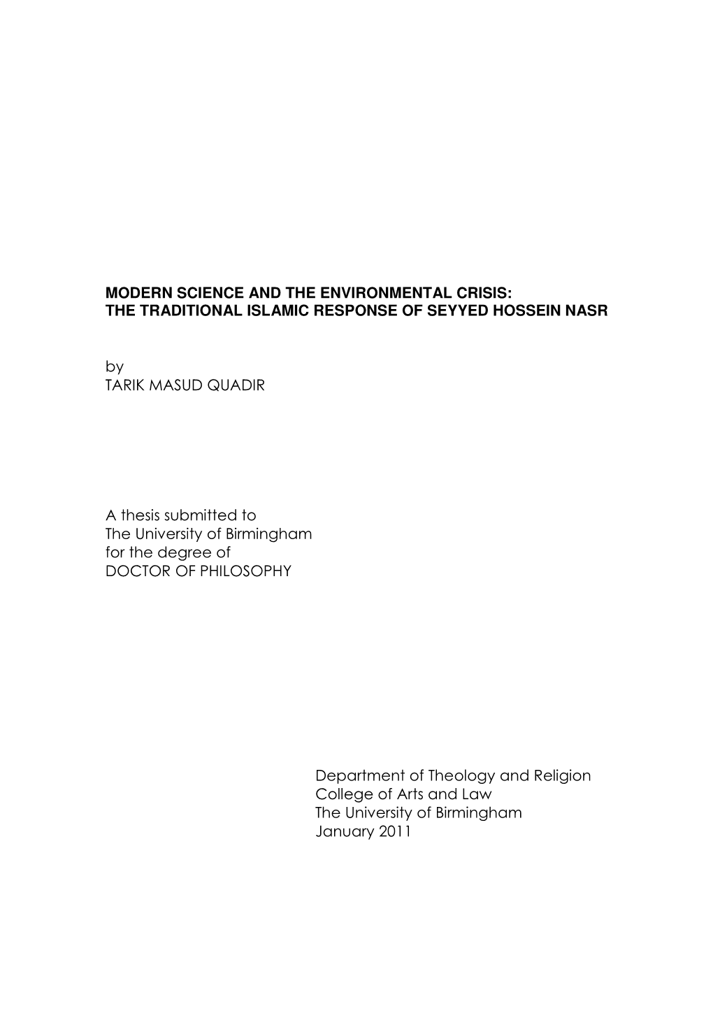 Modern Science and the Environmental Crisis: the Traditional Islamic Response of Seyyed Hossein Nasr
