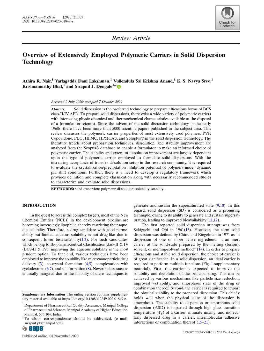 Overview of Extensively Employed Polymeric Carriers in Solid Dispersion Technology