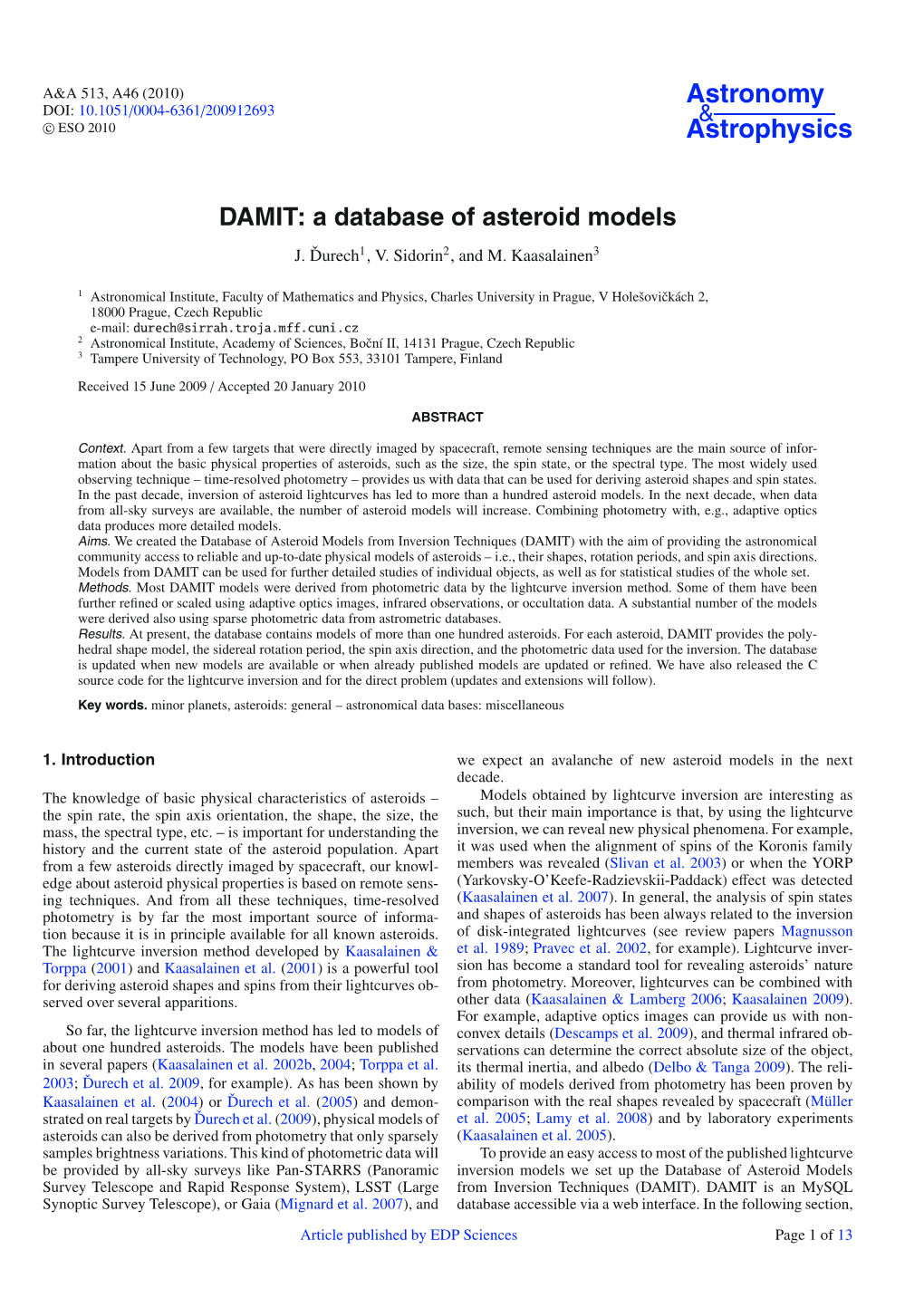 DAMIT: a Database of Asteroid Models