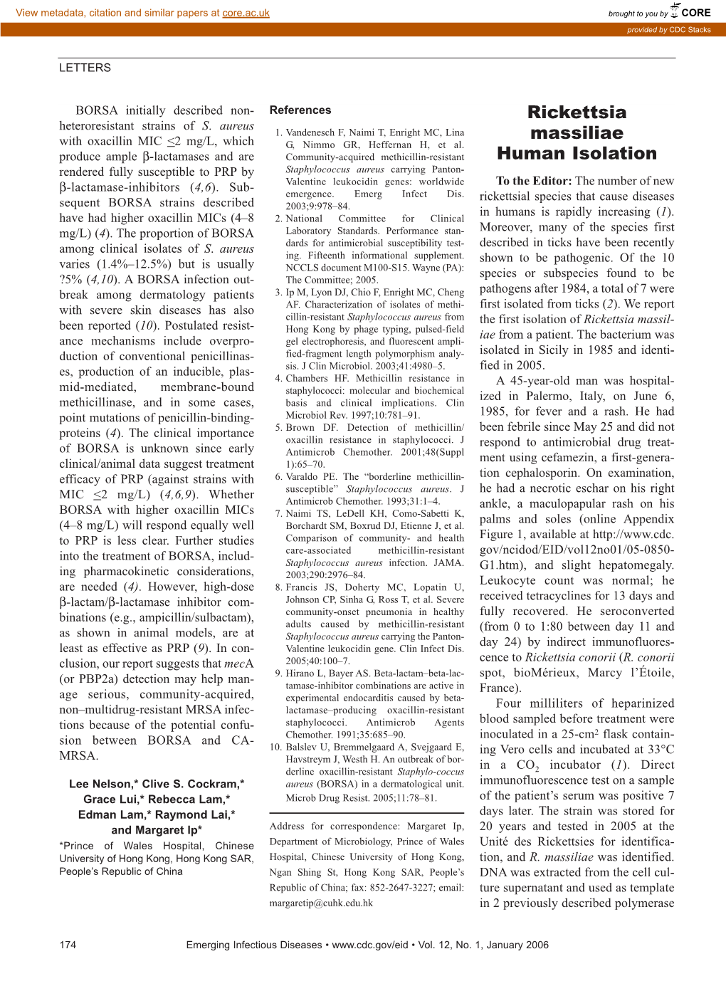 Rickettsia Massiliae Human Isolation