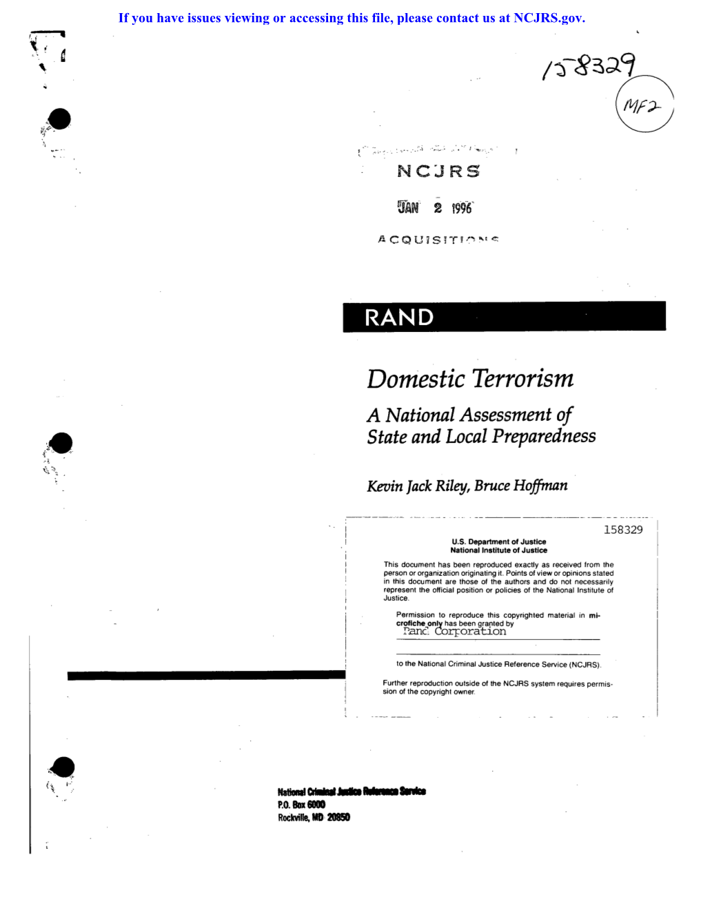 Domestic Terrorism a National Assessment of State and Local Preparedness