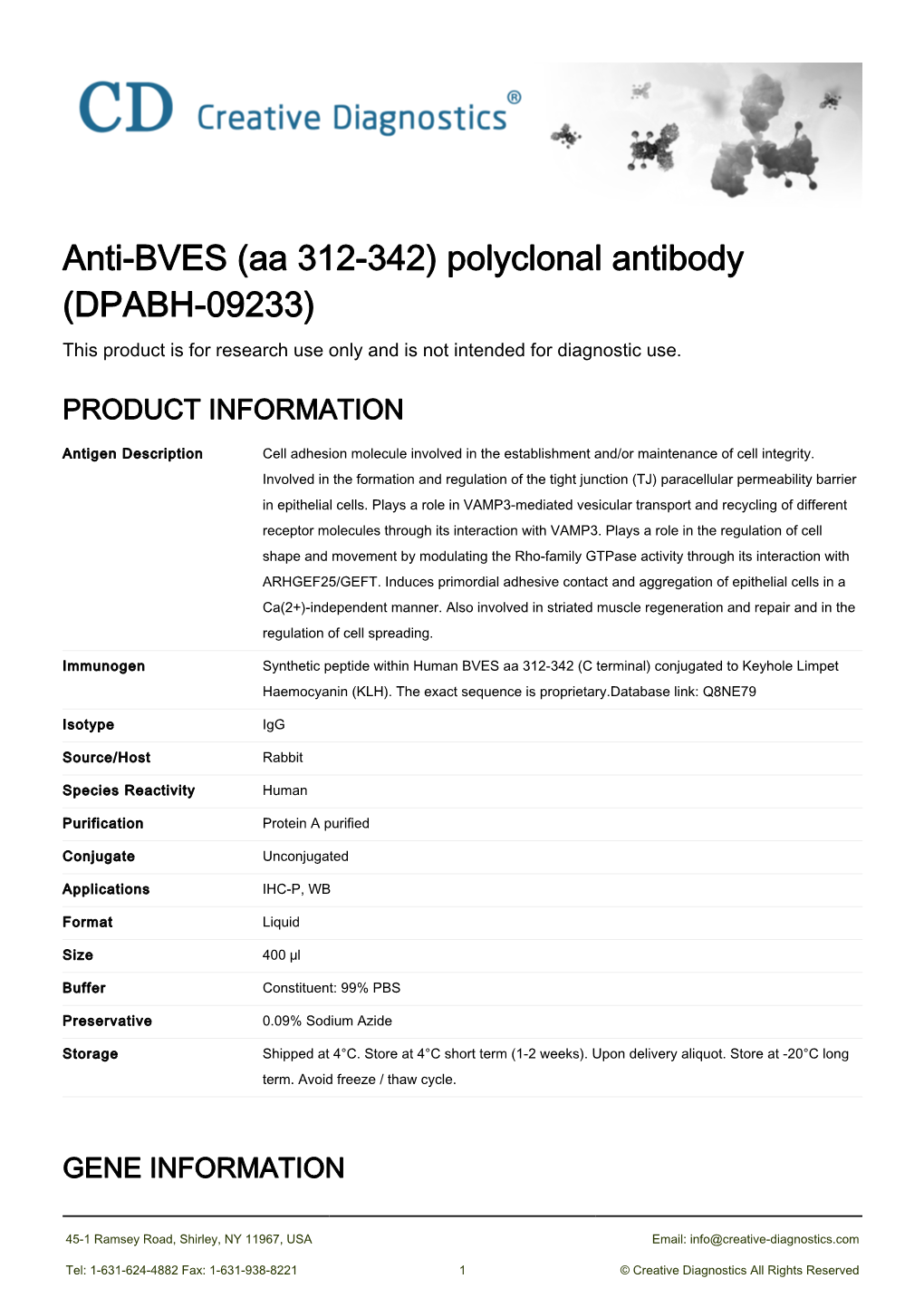 Anti-BVES (Aa 312-342) Polyclonal Antibody (DPABH-09233) This Product Is for Research Use Only and Is Not Intended for Diagnostic Use