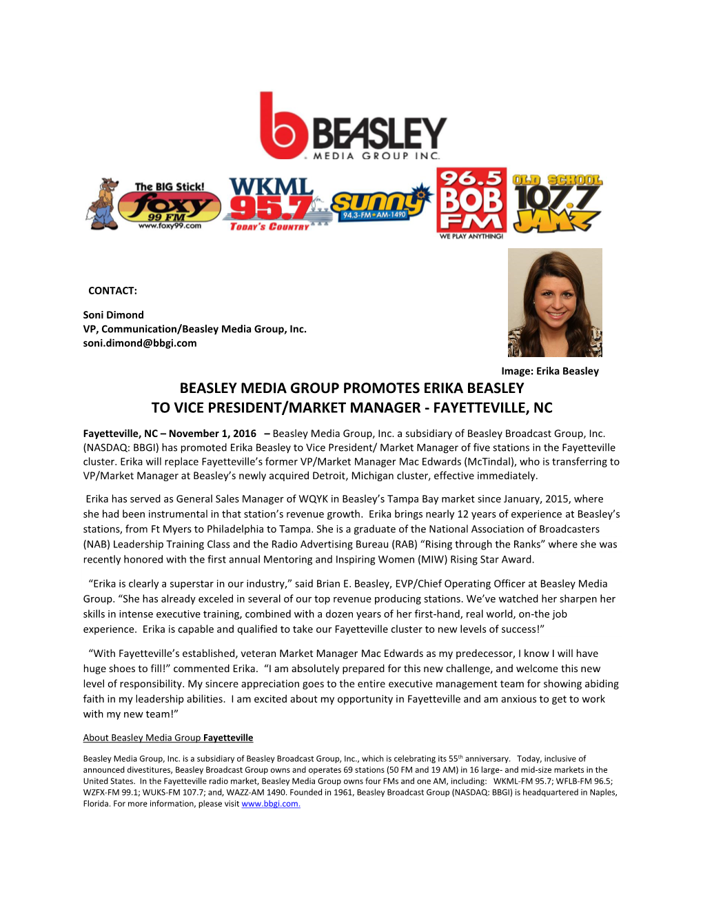 Beasley Media Group Promotes Erika Beasley to Vice President/Market Manager - Fayetteville, Nc