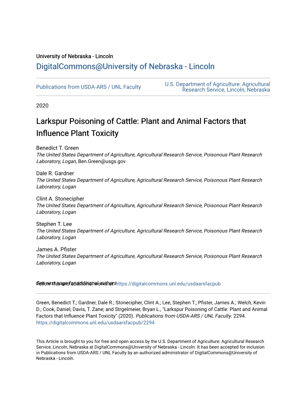 Larkspur Poisoning of Cattle: Plant and Animal Factors That Influence Plant Toxicity by Benedict T