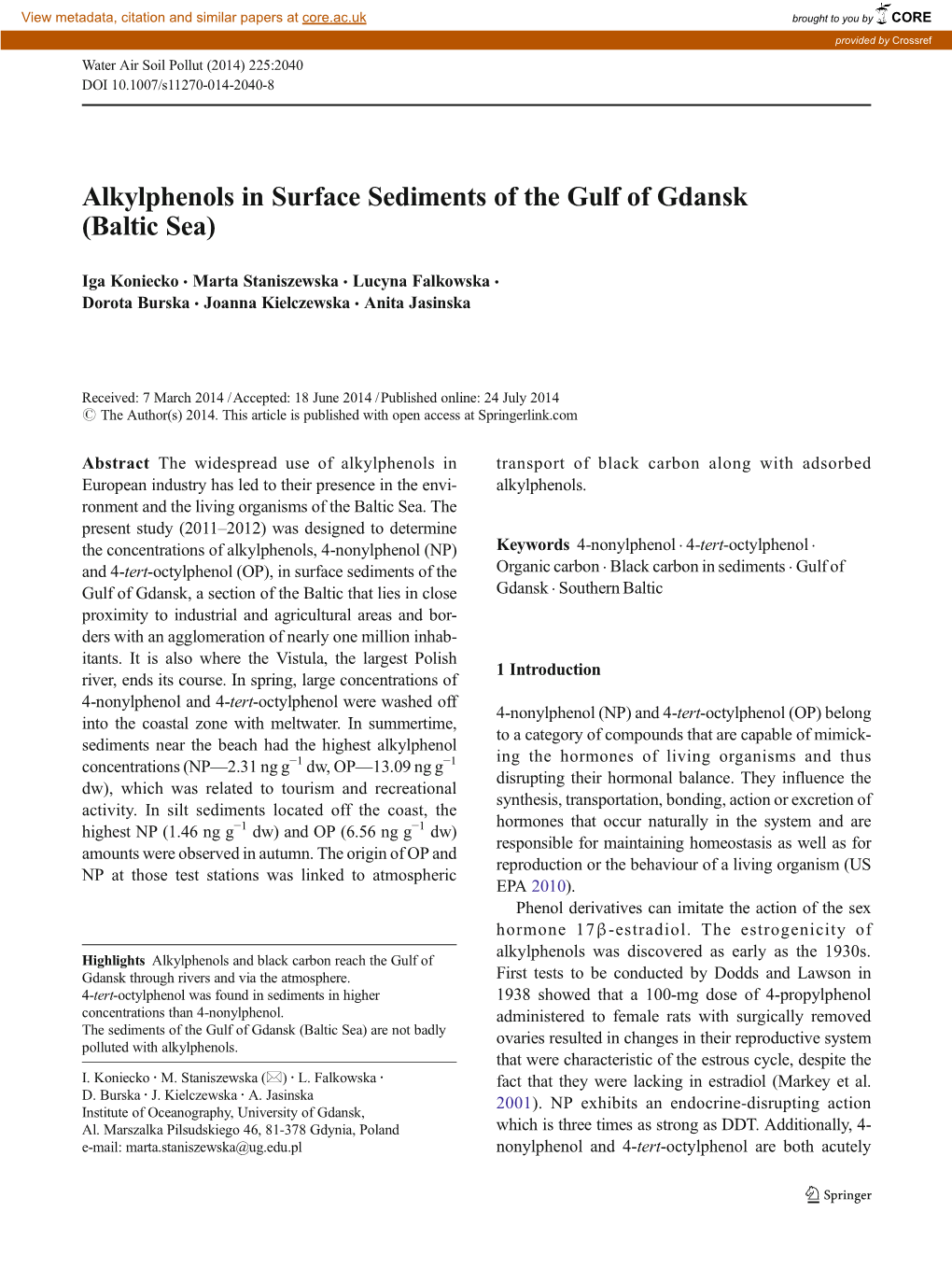 Alkylphenols in Surface Sediments of the Gulf of Gdansk (Baltic Sea)