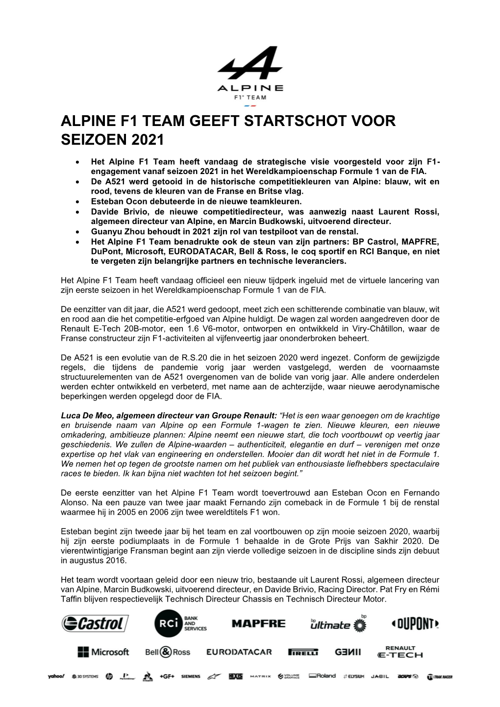 Alpine F1 Team Geeft Startschot Voor Seizoen 2021