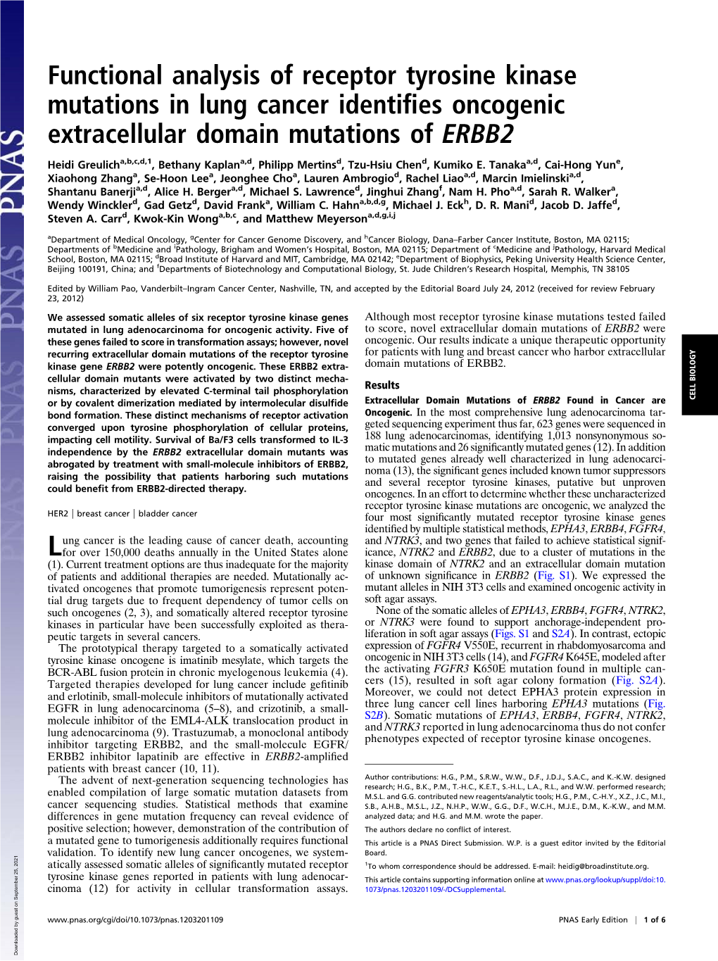 Functional Analysis of Receptor Tyrosine Kinase Mutations in Lung Cancer Identiﬁes Oncogenic Extracellular Domain Mutations of ERBB2