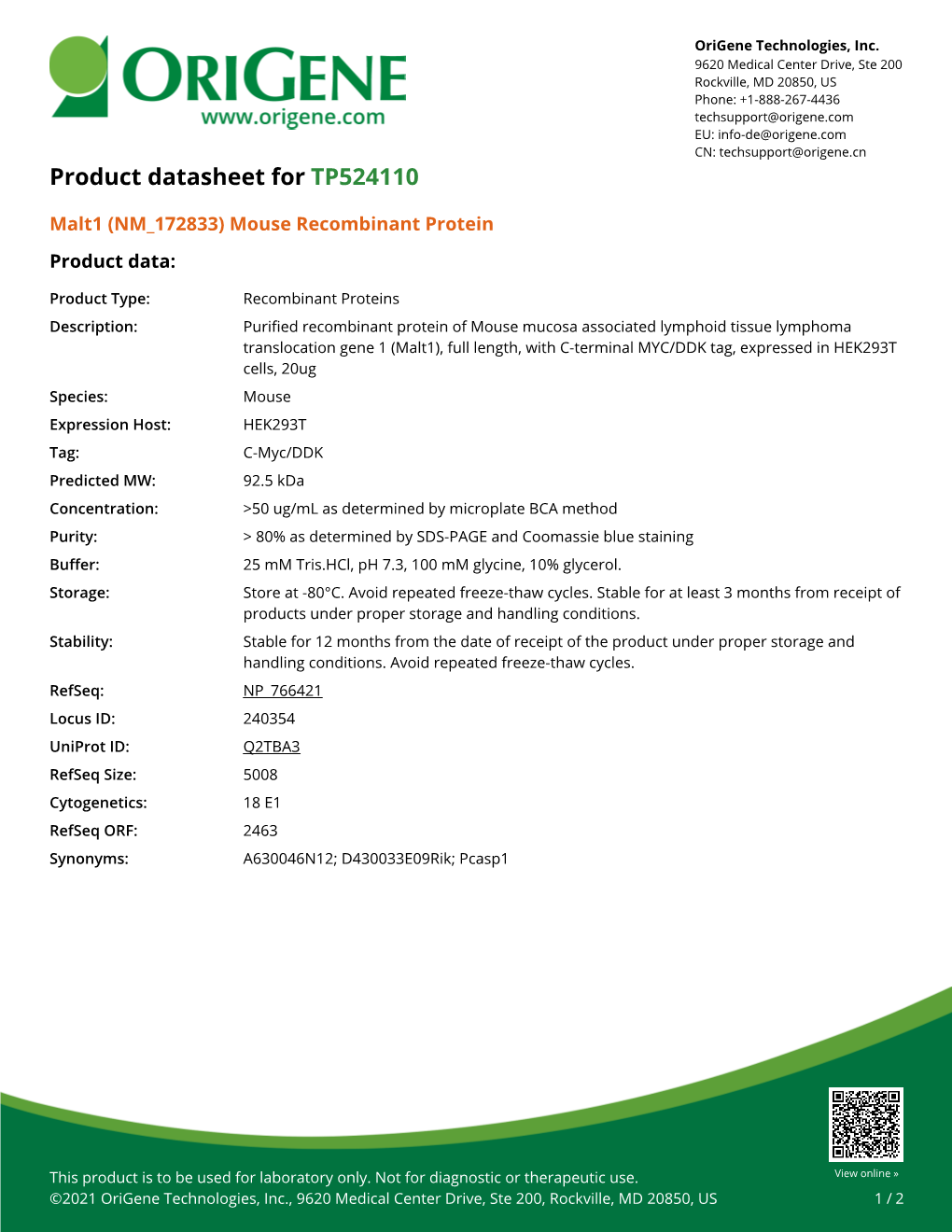 Malt1 (NM 172833) Mouse Recombinant Protein Product Data