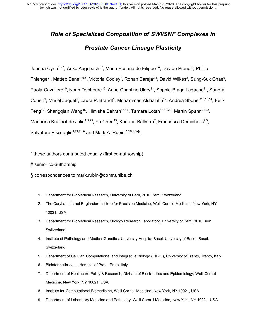 Role of Specialized Composition of SWI/SNF Complexes in Prostate