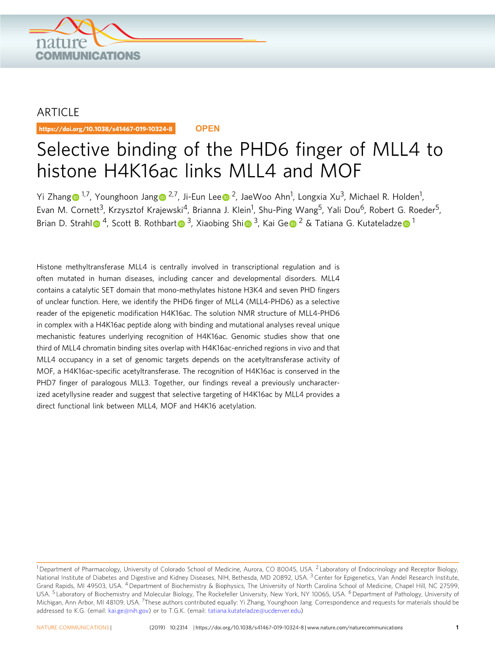 Selective Binding of the PHD6 Finger of MLL4 to Histone H4k16ac Links