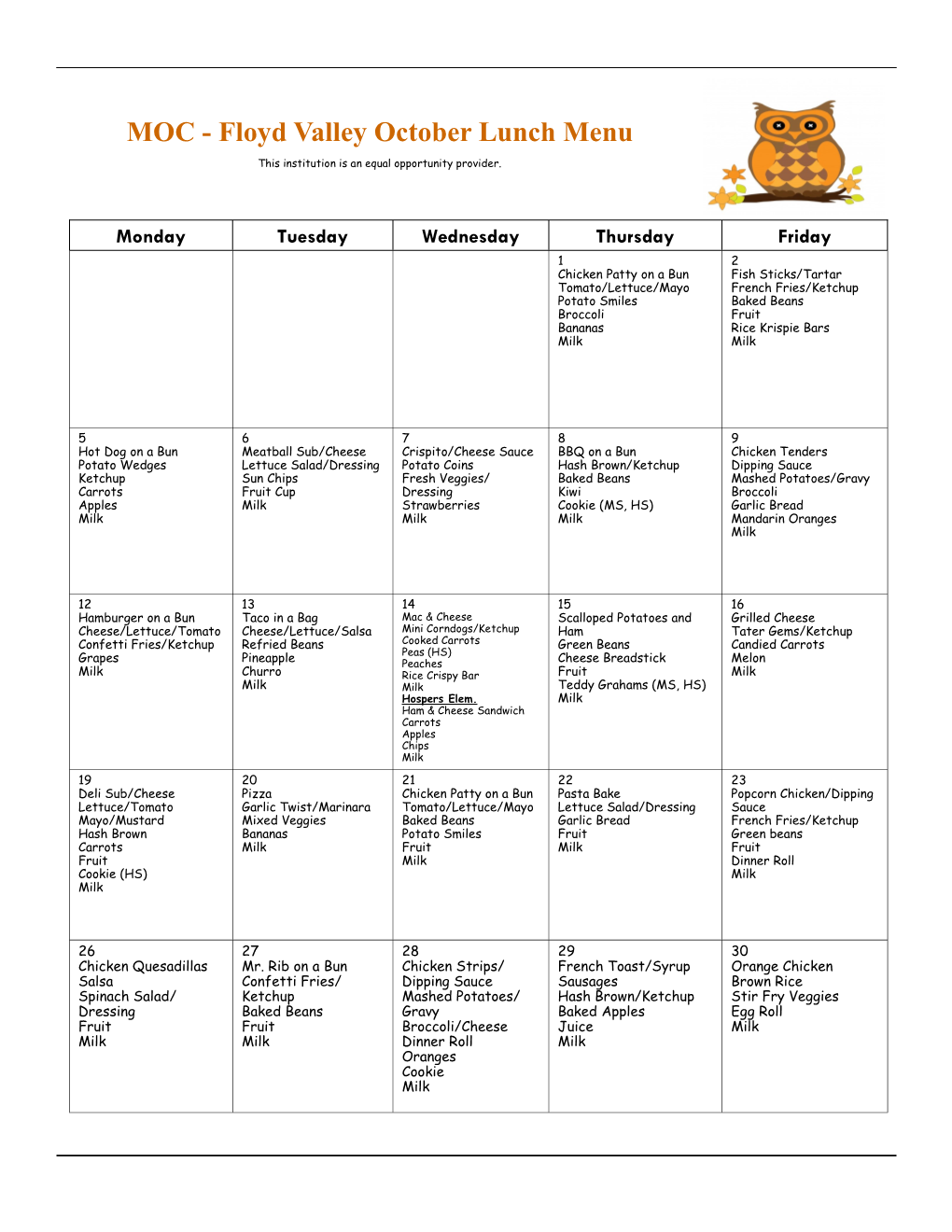 MOC - Floyd Valley October Lunch Menu