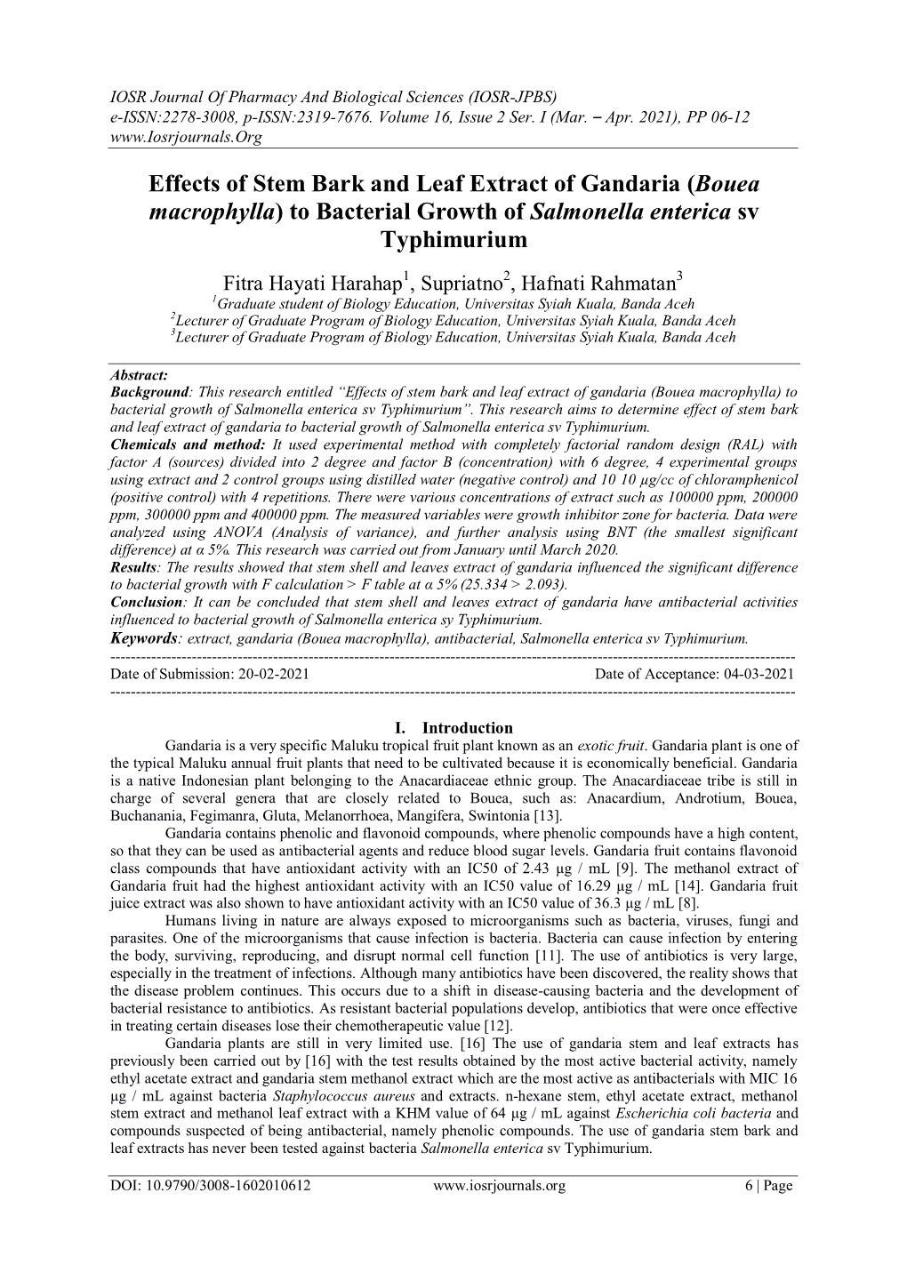 Effects of Stem Bark and Leaf Extract of Gandaria (Bouea Macrophylla) to Bacterial Growth of Salmonella Enterica Sv Typhimurium