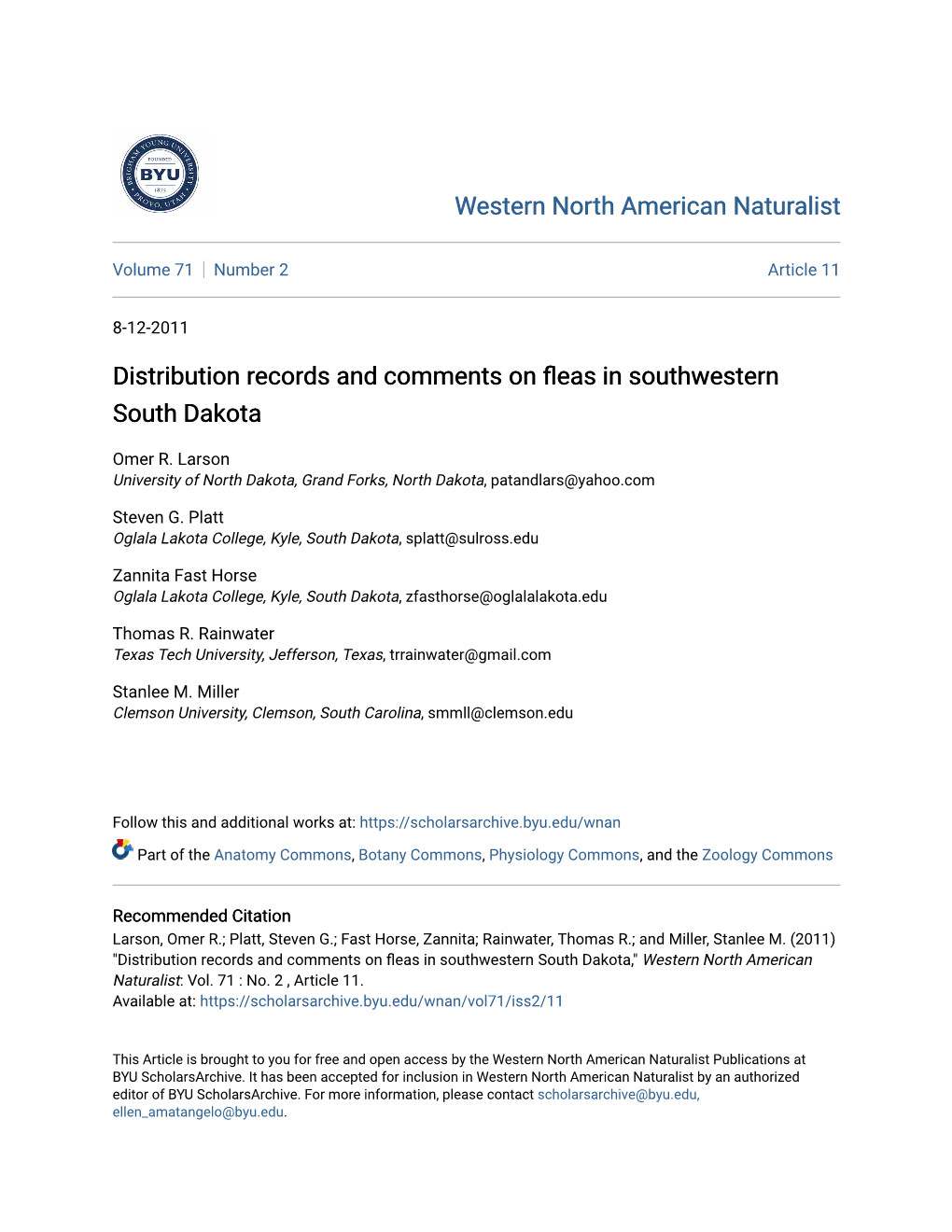 Distribution Records and Comments on Fleas in Southwestern South Dakota