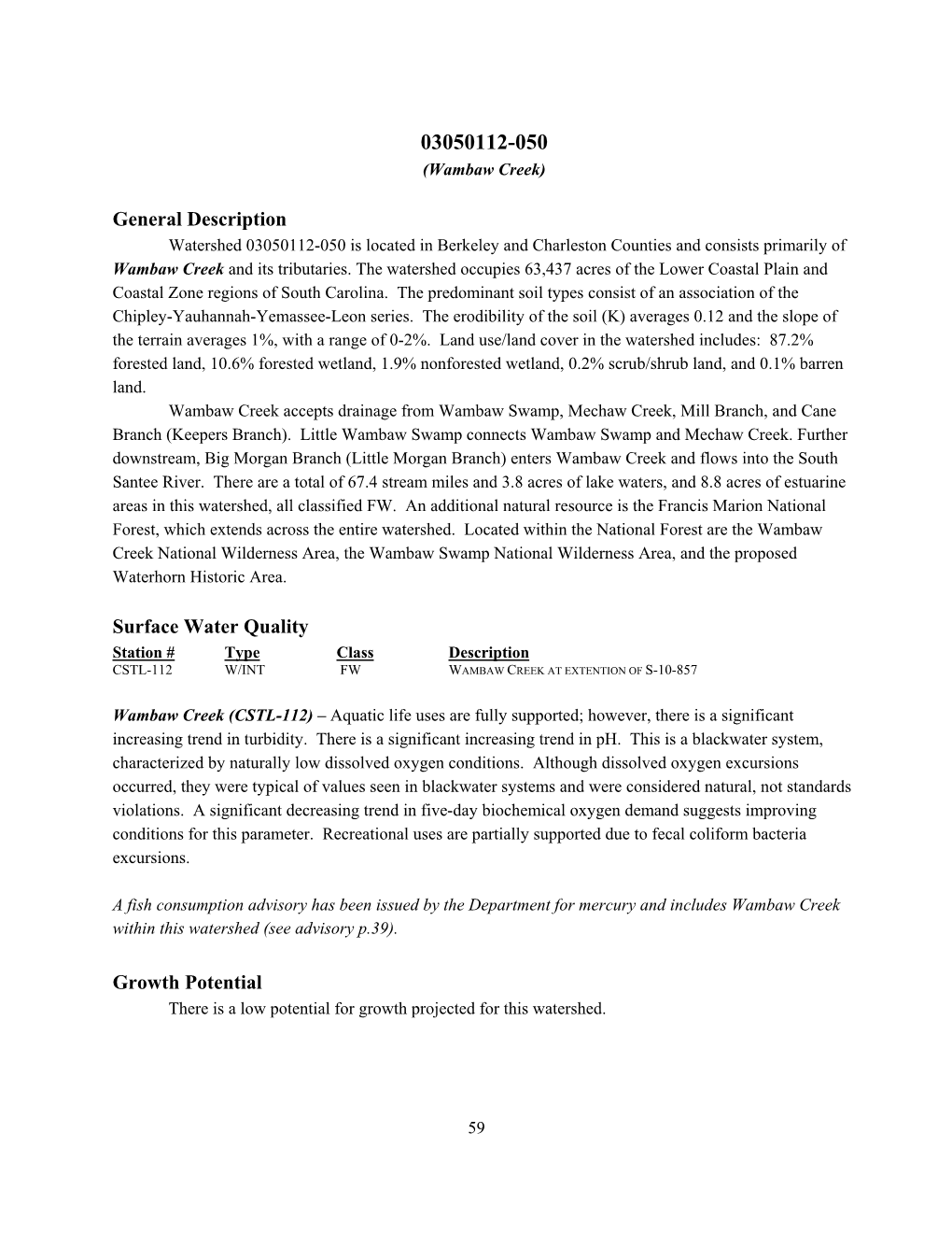 General Description Surface Water Quality Growth Potential