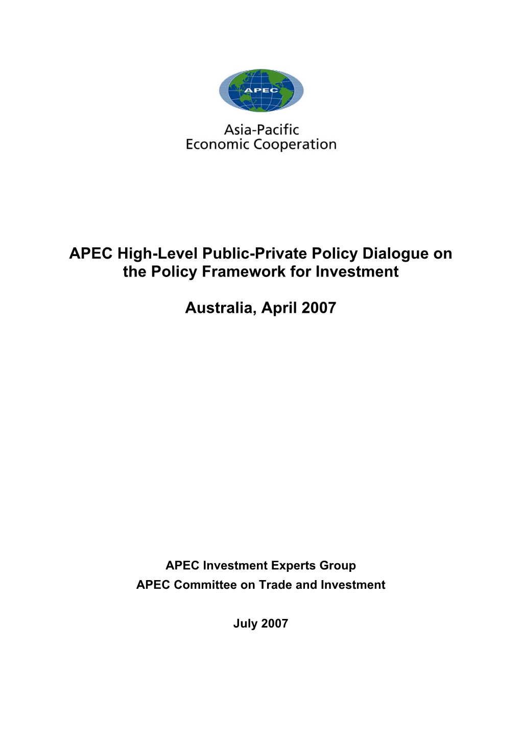 Public-Private Policy Dialogue on the Policy Framework for Investment