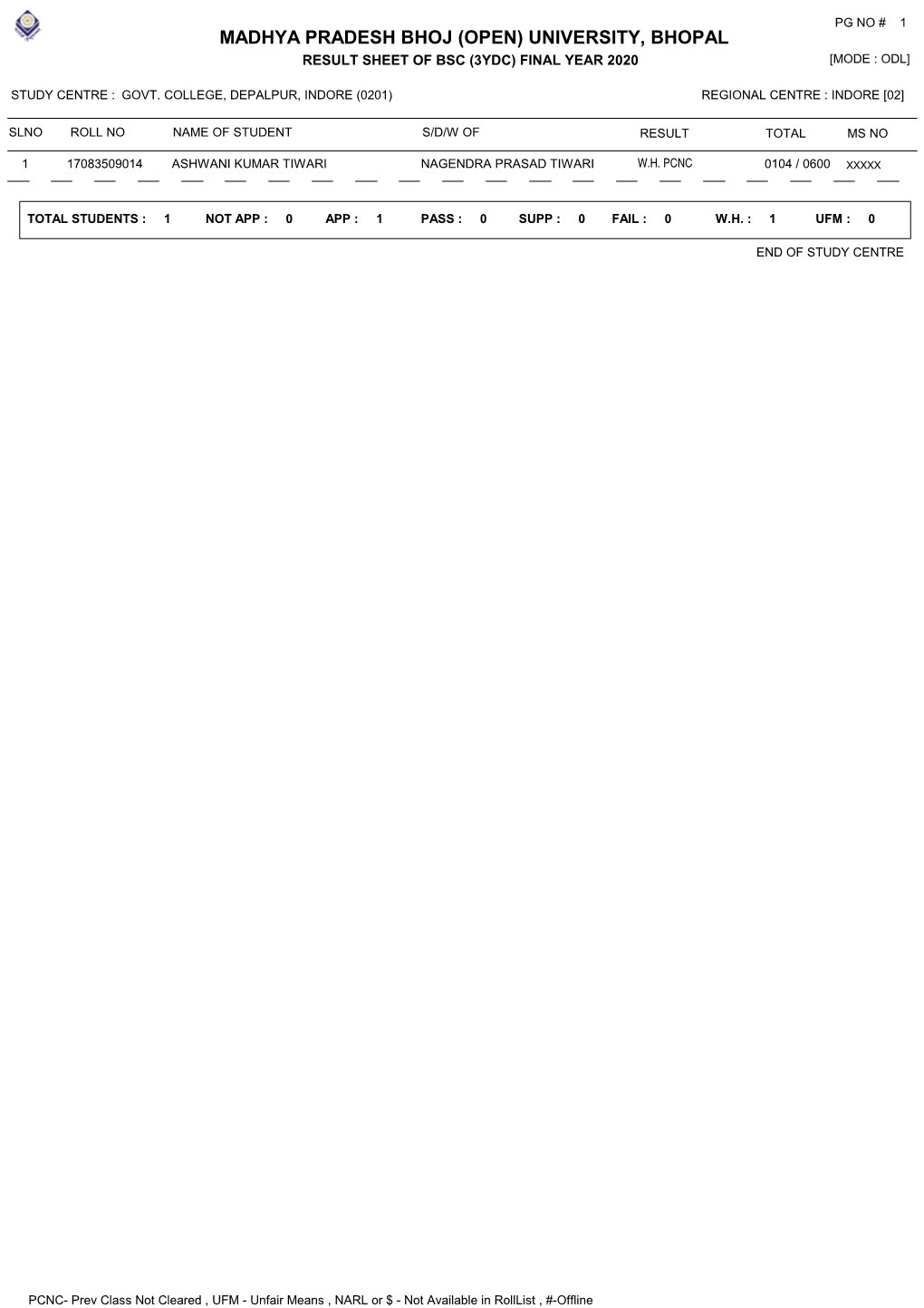 Result Sheet of Bsc (3Ydc) Final Year 2020 [Mode : Odl]