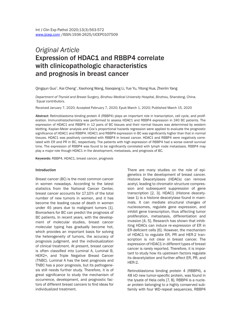 Original Article Expression of HDAC1 and RBBP4 Correlate with Clinicopathologic Characteristics and Prognosis in Breast Cancer