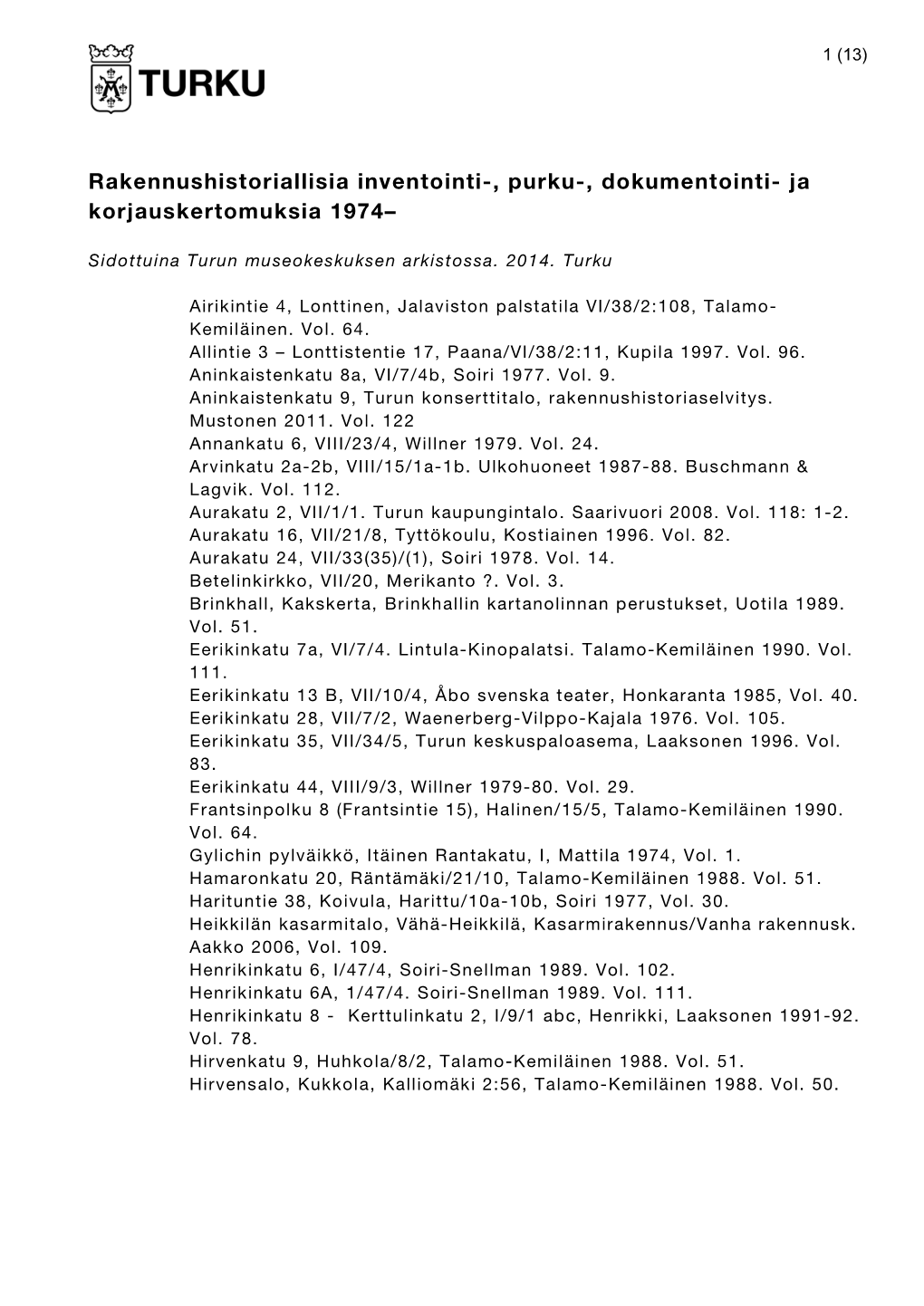 Rakennushistoriallisia Inventointi-, Purku-, Dokumentointi- Ja Korjauskertomuksia 1974–