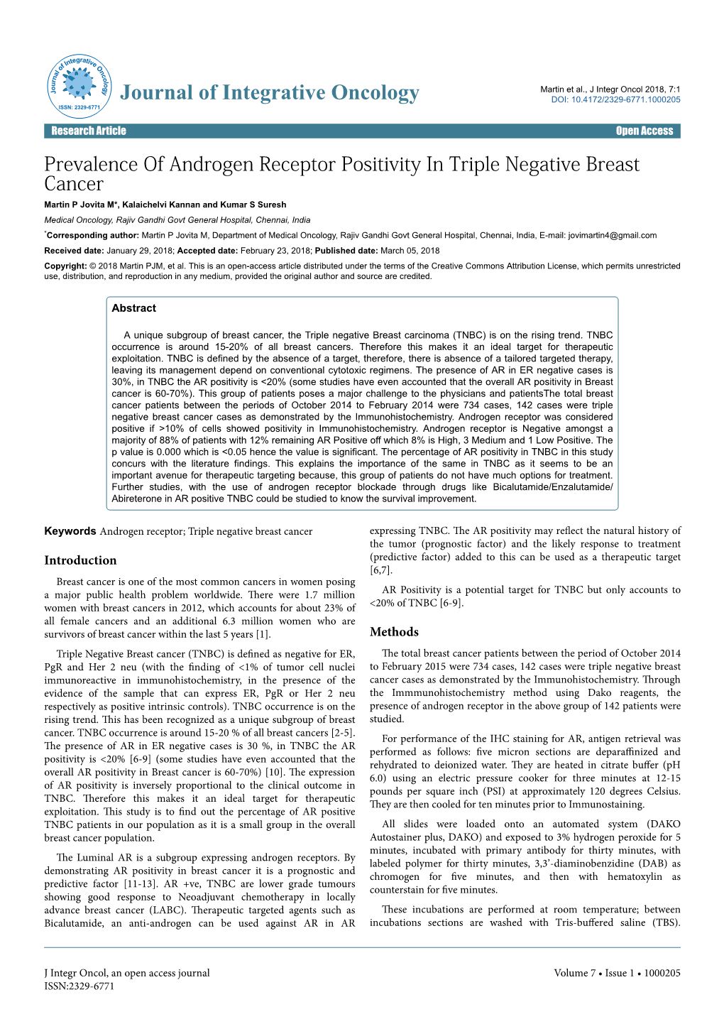 Prevalence of Androgen Receptor Positivity in Triple Negative Breast