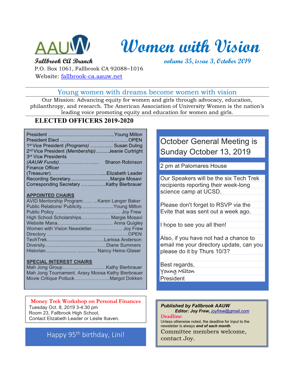 Women with Vision Fallbrook CA Branch Volume 35, Issue 3, October 2019 P.O