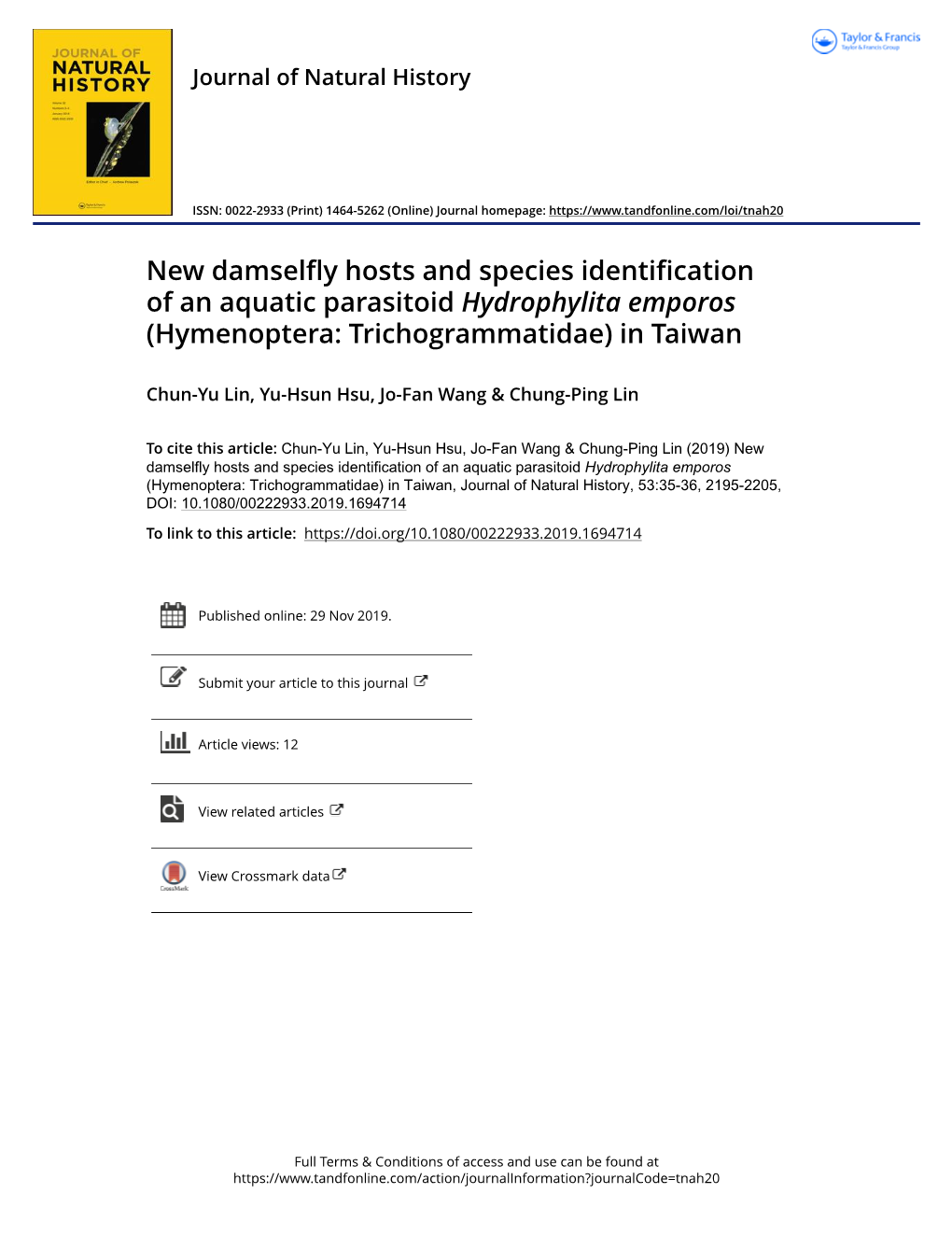 New Damselfly Hosts and Species Identification of an Aquatic Parasitoid Hydrophylita Emporos (Hymenoptera: Trichogrammatidae) in Taiwan