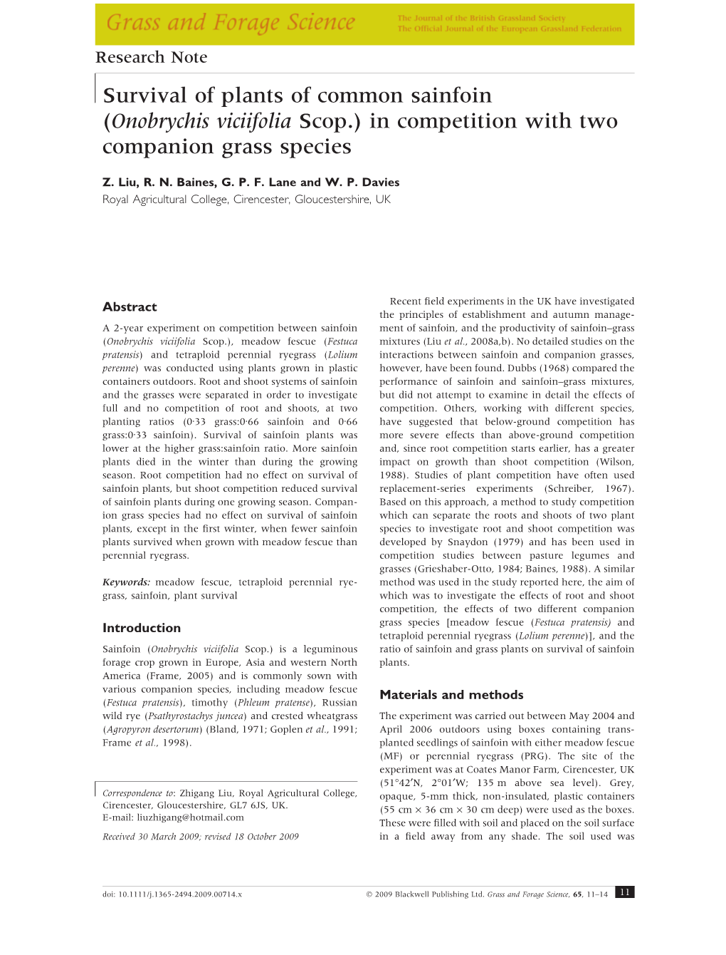 Survival of Plants of Common Sainfoin (Onobrychis Viciifolia Scop.) in Competition with Two Companion Grass Species